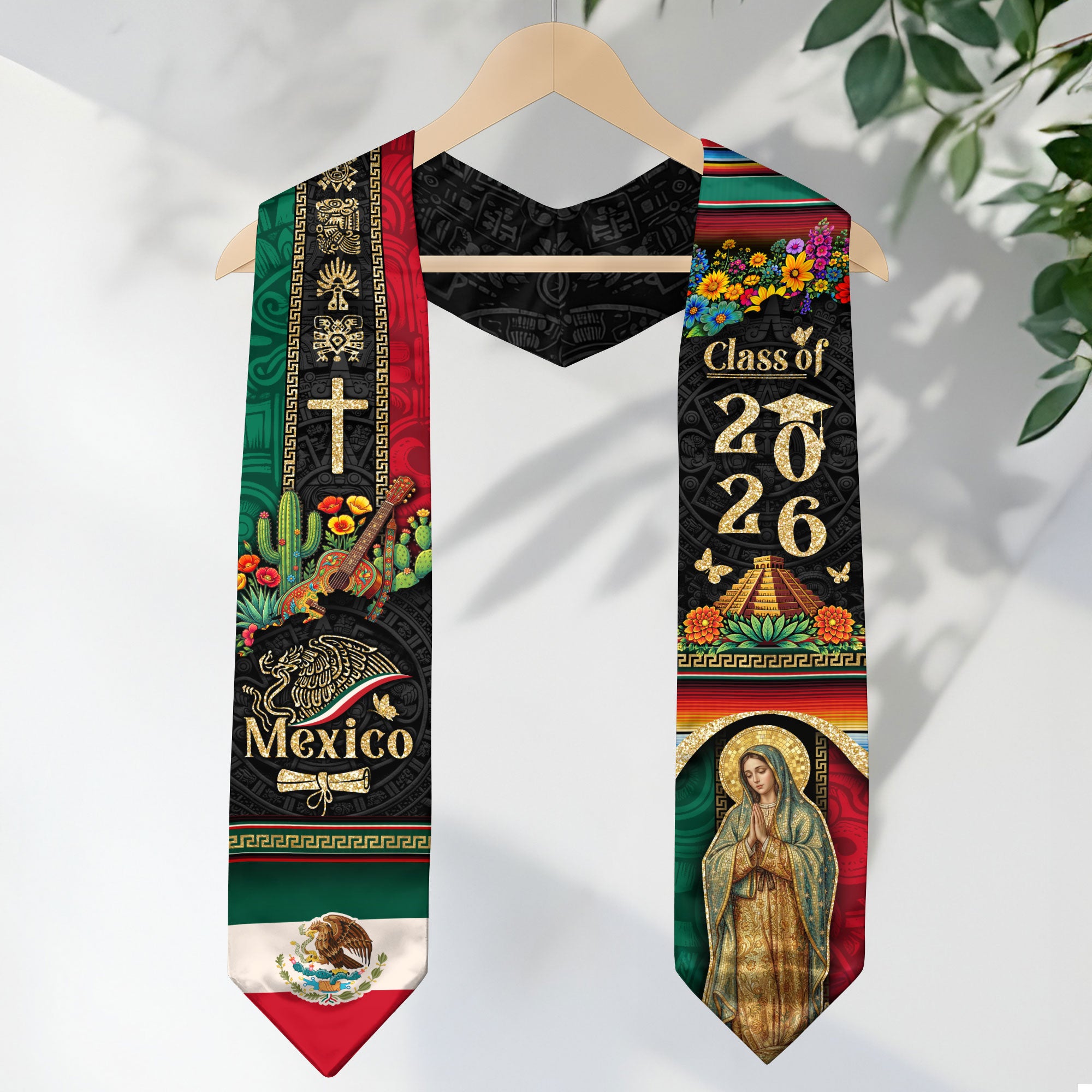 Mexico Graduation Stole 2026 Virgen de Guadalupe Cross Cactus Guitar Aztec Cultural Design