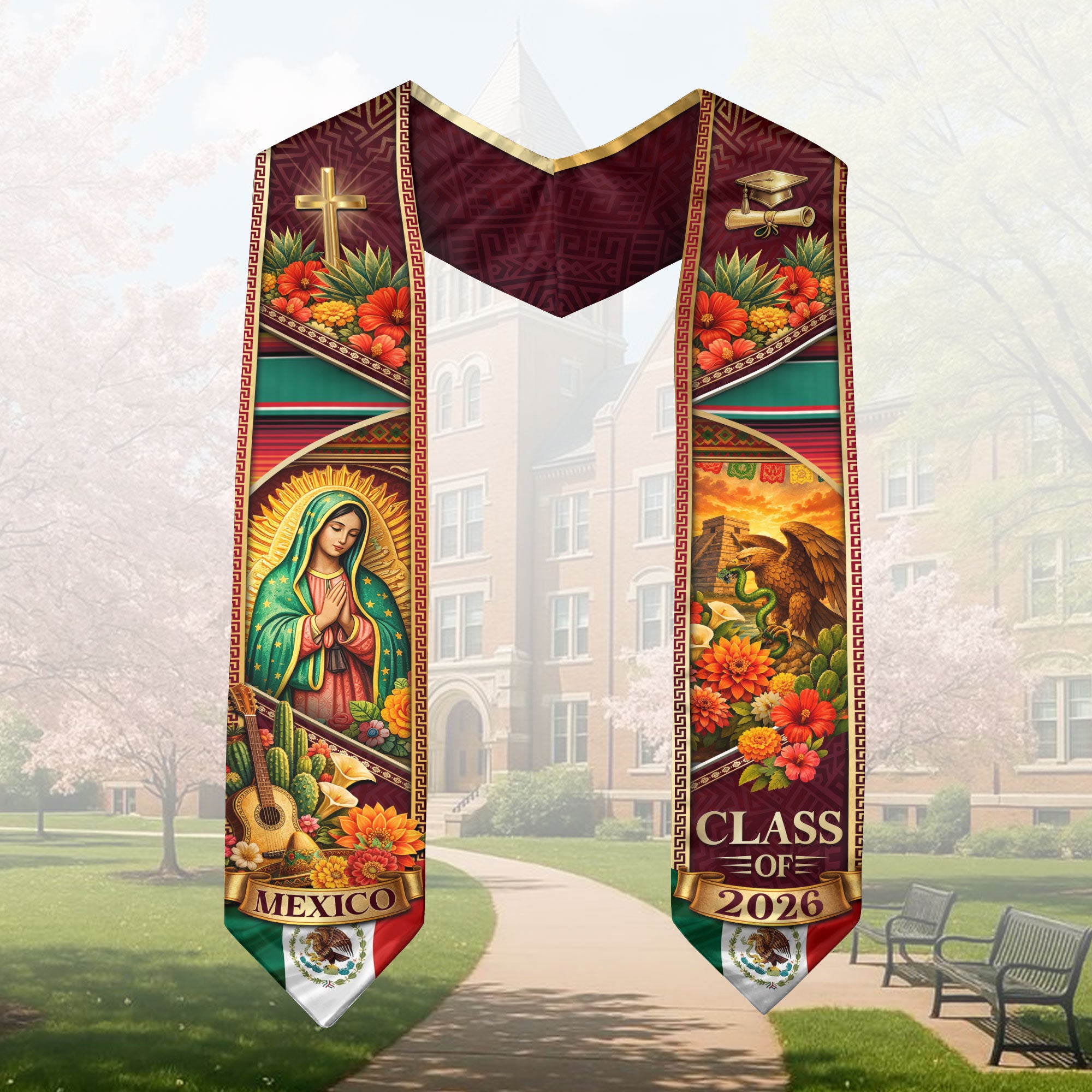 Mexico Graduation Stole 2026 Guadalupe Eagle Cross Floral Serape Sash Gift