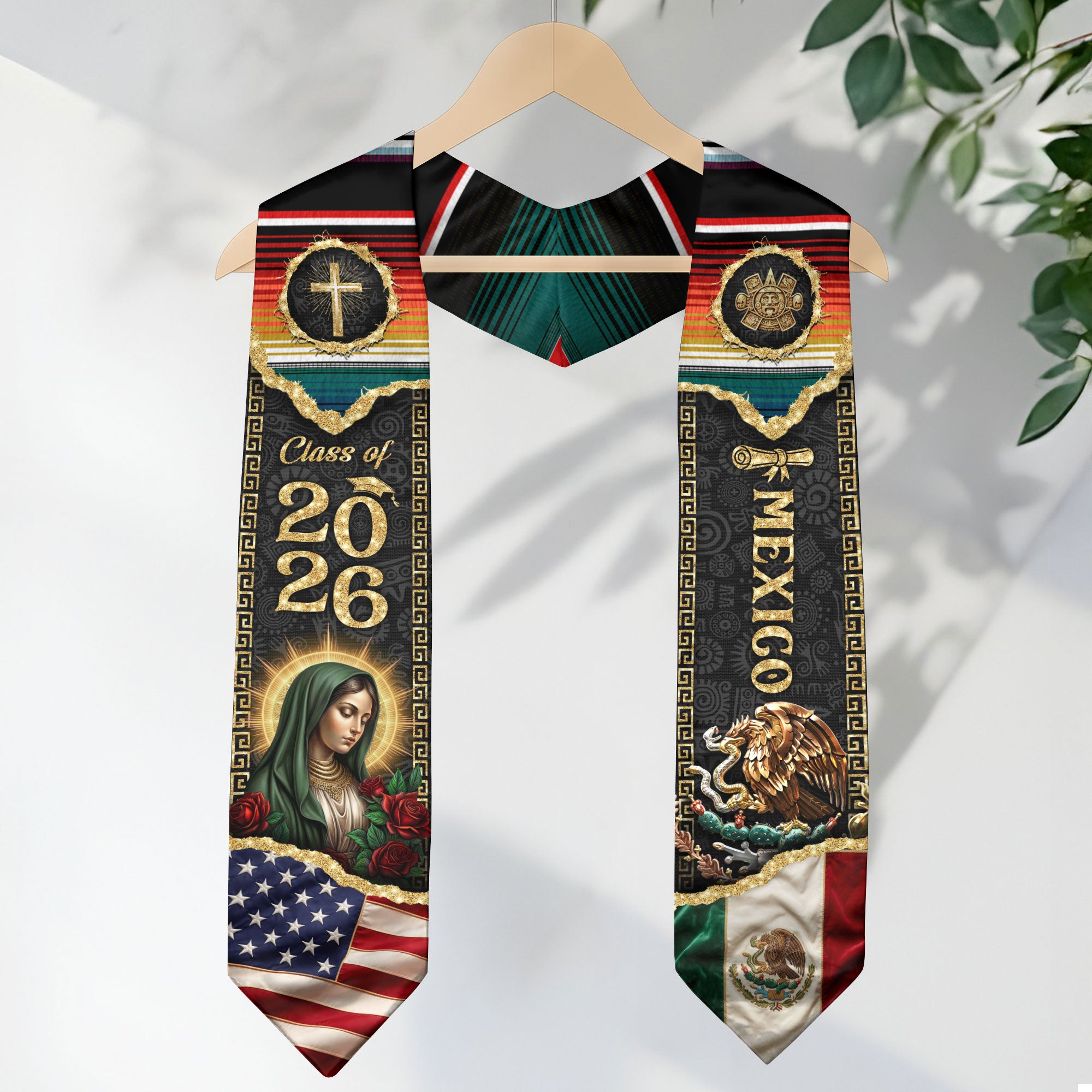 Mexico USA Graduation Stole 2026 - Dual Flag Heritage Sash Virgin Mary Floral Stole