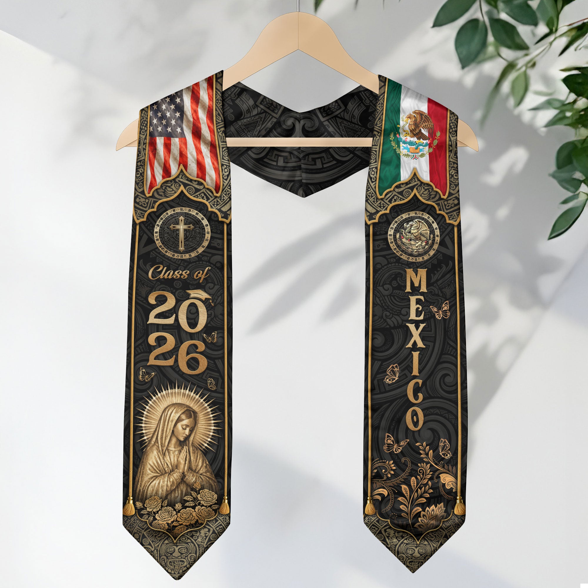 Mexico Graduation Stole Class of 2026 - Virgin Mary Gold Heritage Catholic Sash