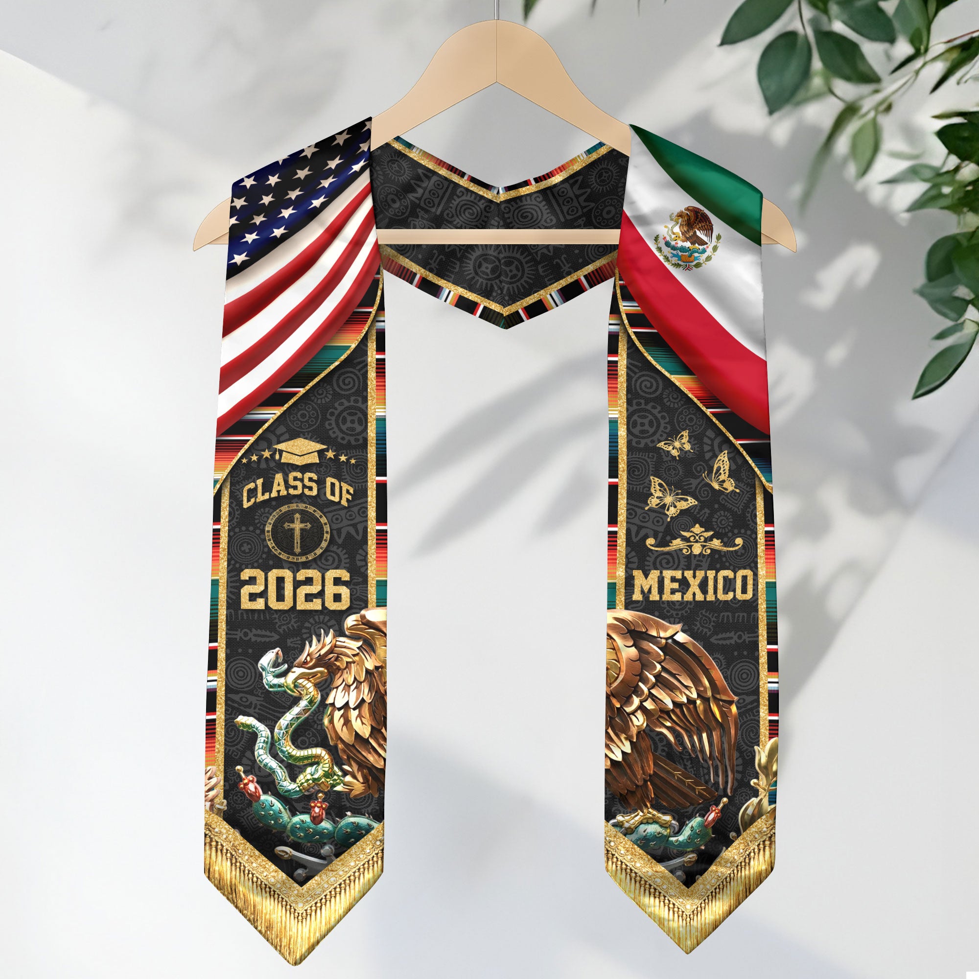 Mexico USA Graduation Stole Class of 2026 - Virgin Mary Dual Flag Heritage Sash