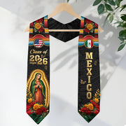 Mexico US Flag Graduation Stole 2026 - Virgin Mary Floral Serape Heritage Sash