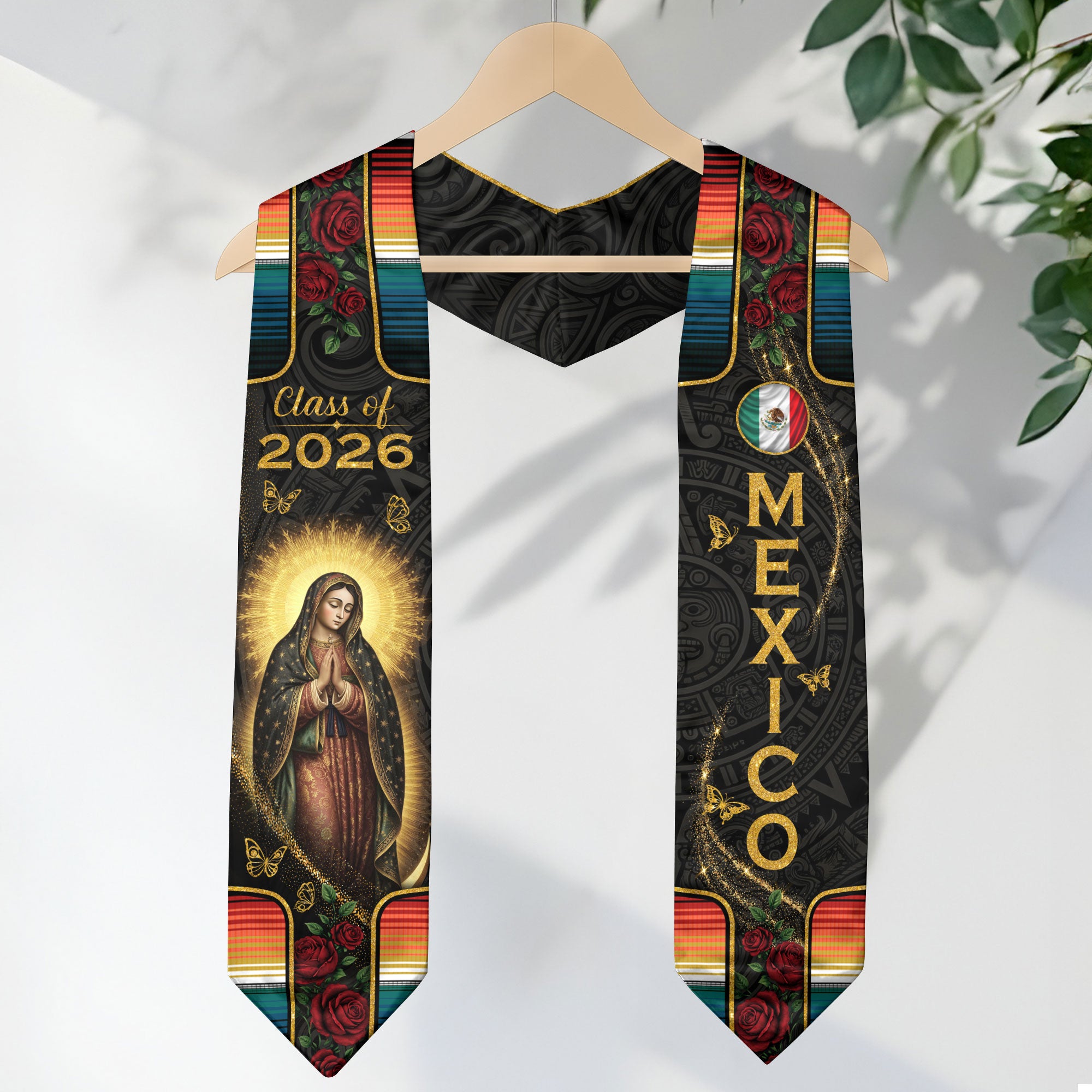 Mexico Graduation Stole 2026 - Floral Gold Cross Heritage Serape Sash