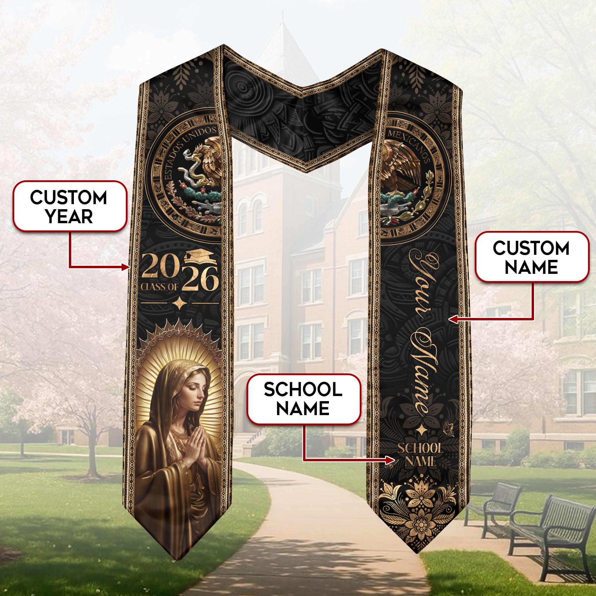 Custom Mexican Graduation Stole 2026 Virgin Mary Gold Eagle Heritage Black Luxury Sash