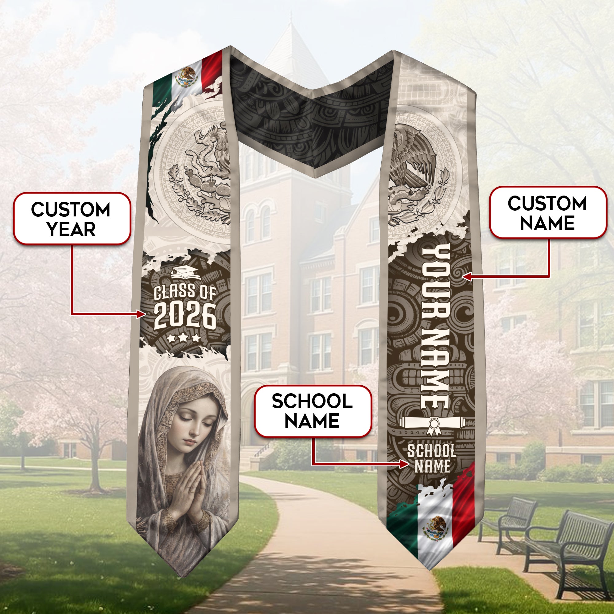 Custom Mexican Graduation Stole Class of 2026 Virgin Mary Guadalupe Heritage Sash Gift