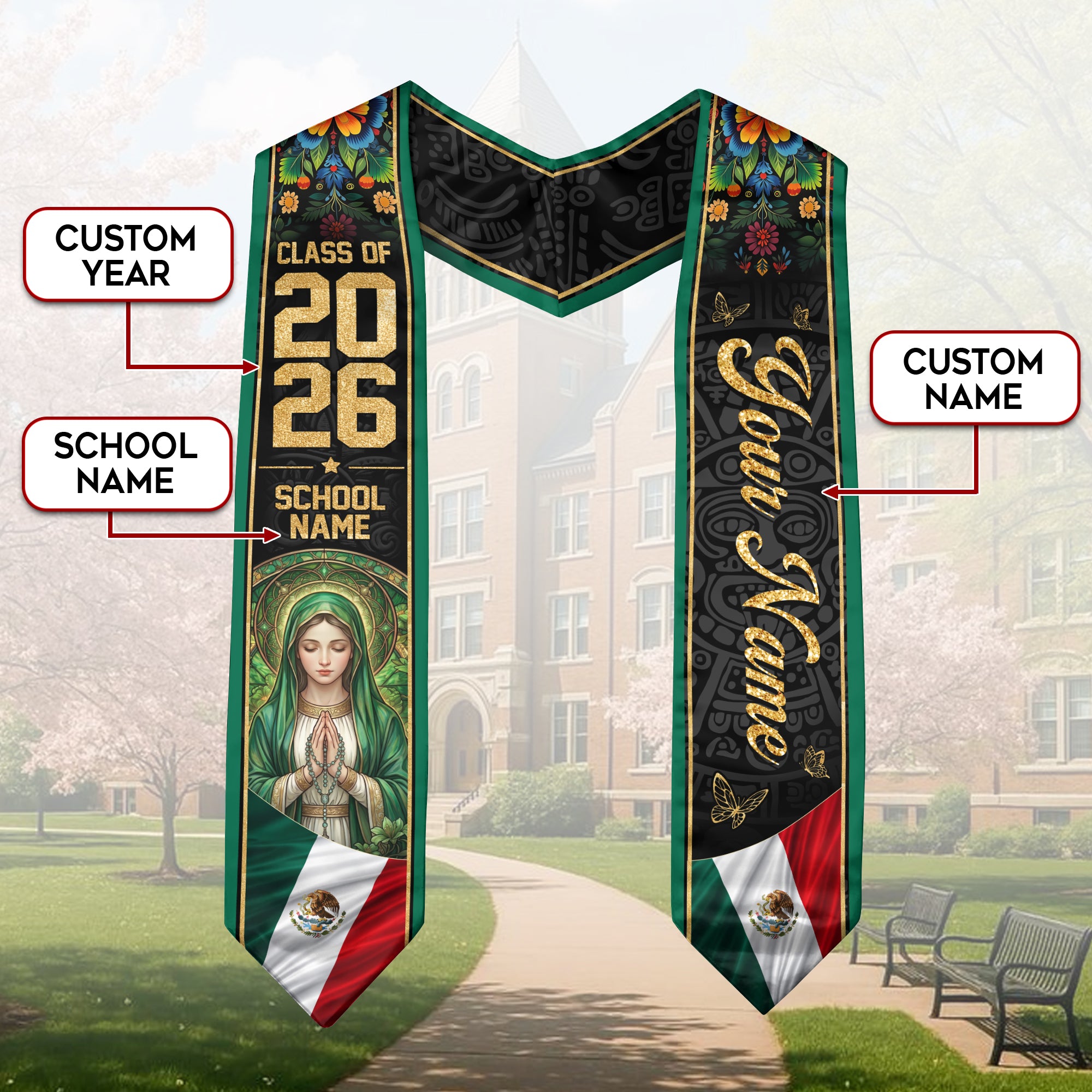 Personalized Mexico Flag Graduation Stole 2026 Our Lady of Guadalupe Floral Kente Sash