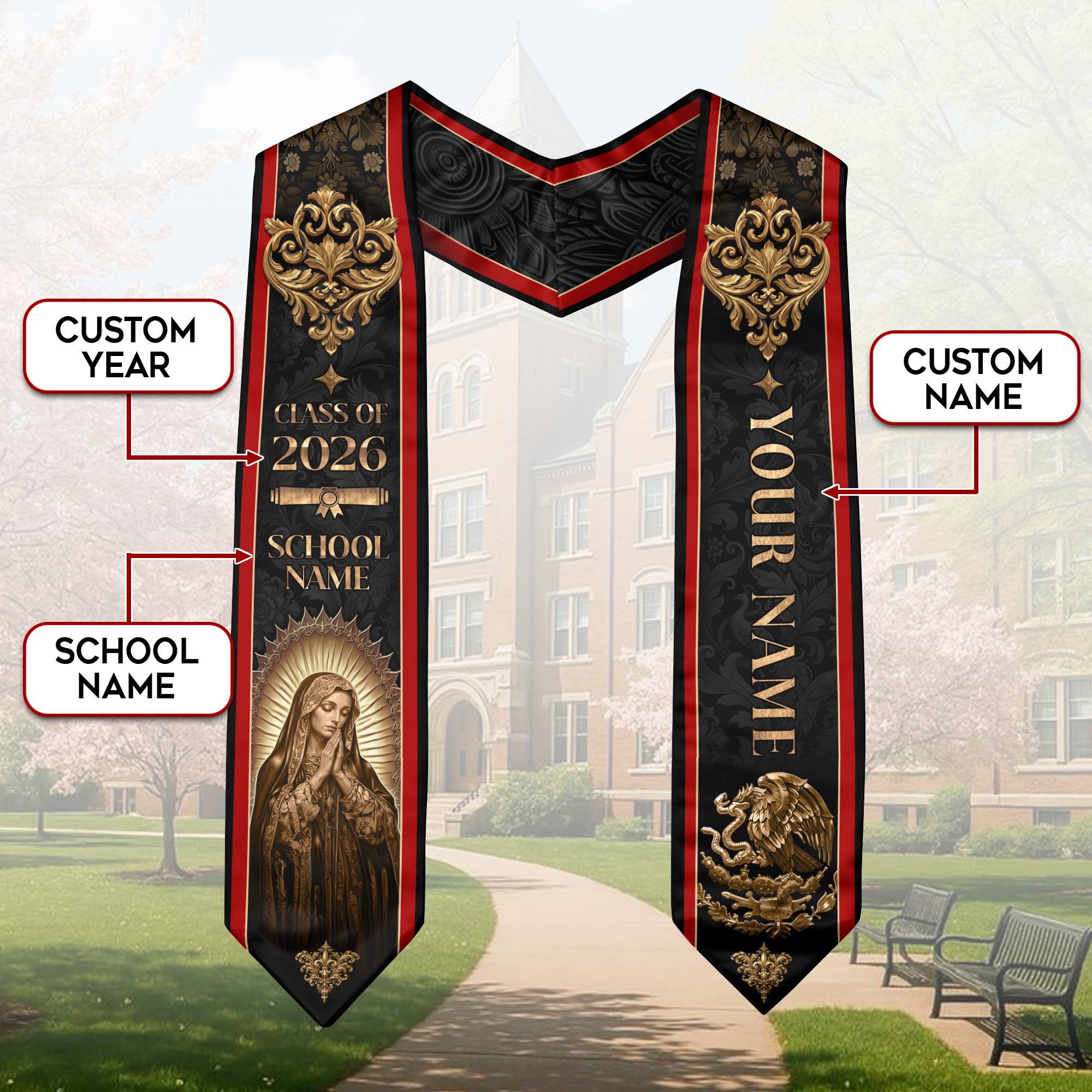 Personalized Mexico Flag Graduation Stole 2026 Our Lady of Guadalupe Gold Baroque Sash