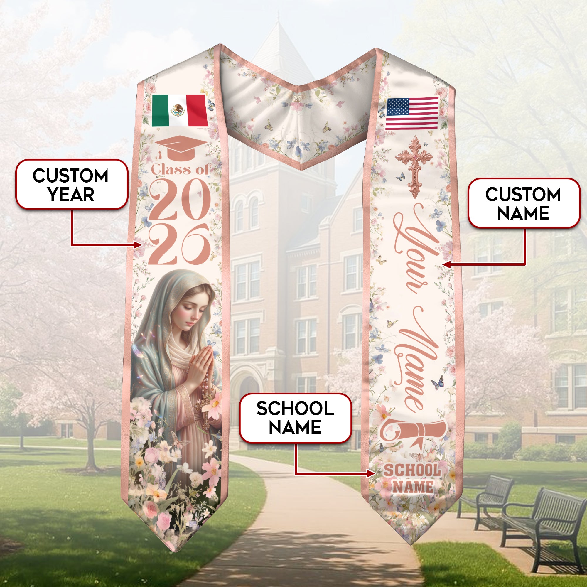 Custom Mexican American Graduation Stole 2026 Virgin Mary Floral Mexico USA Flag Sash