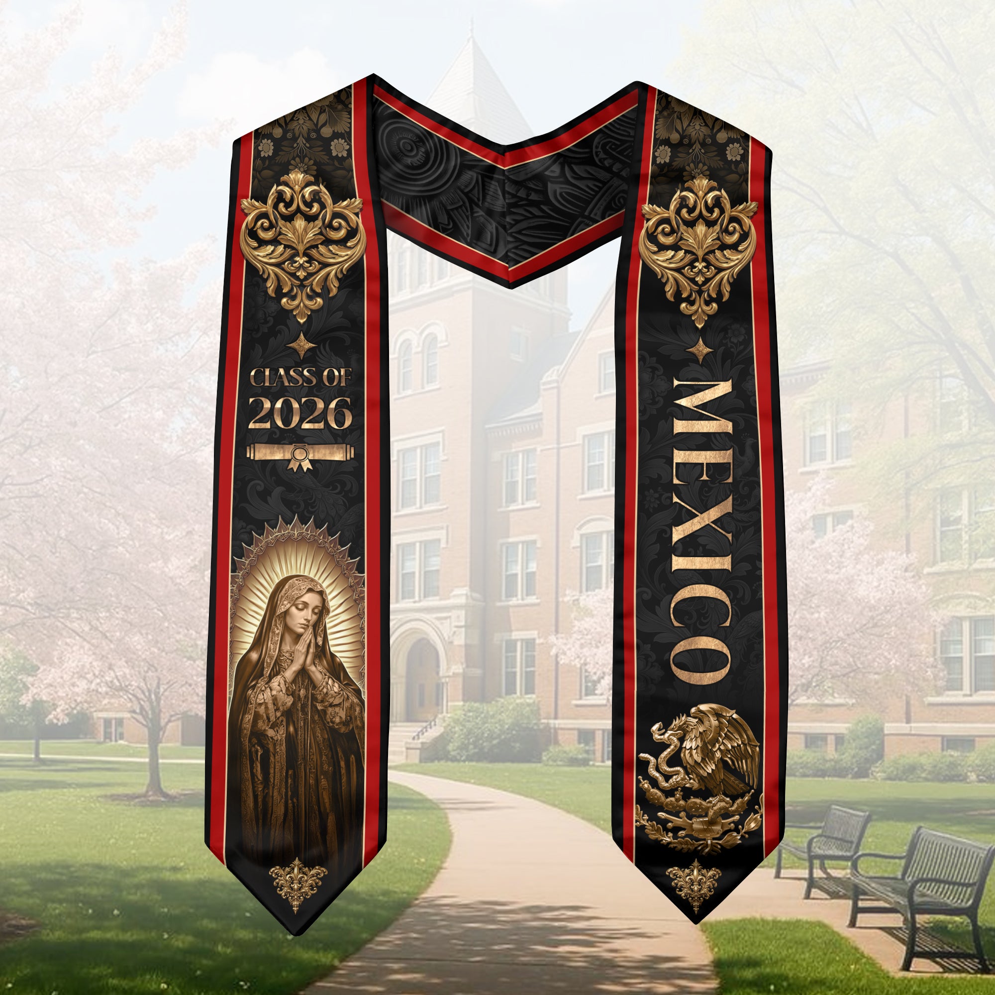 Mexico Graduation Stole 2026 Virgin Mary Gold Eagle Black Luxury Heritage Sash