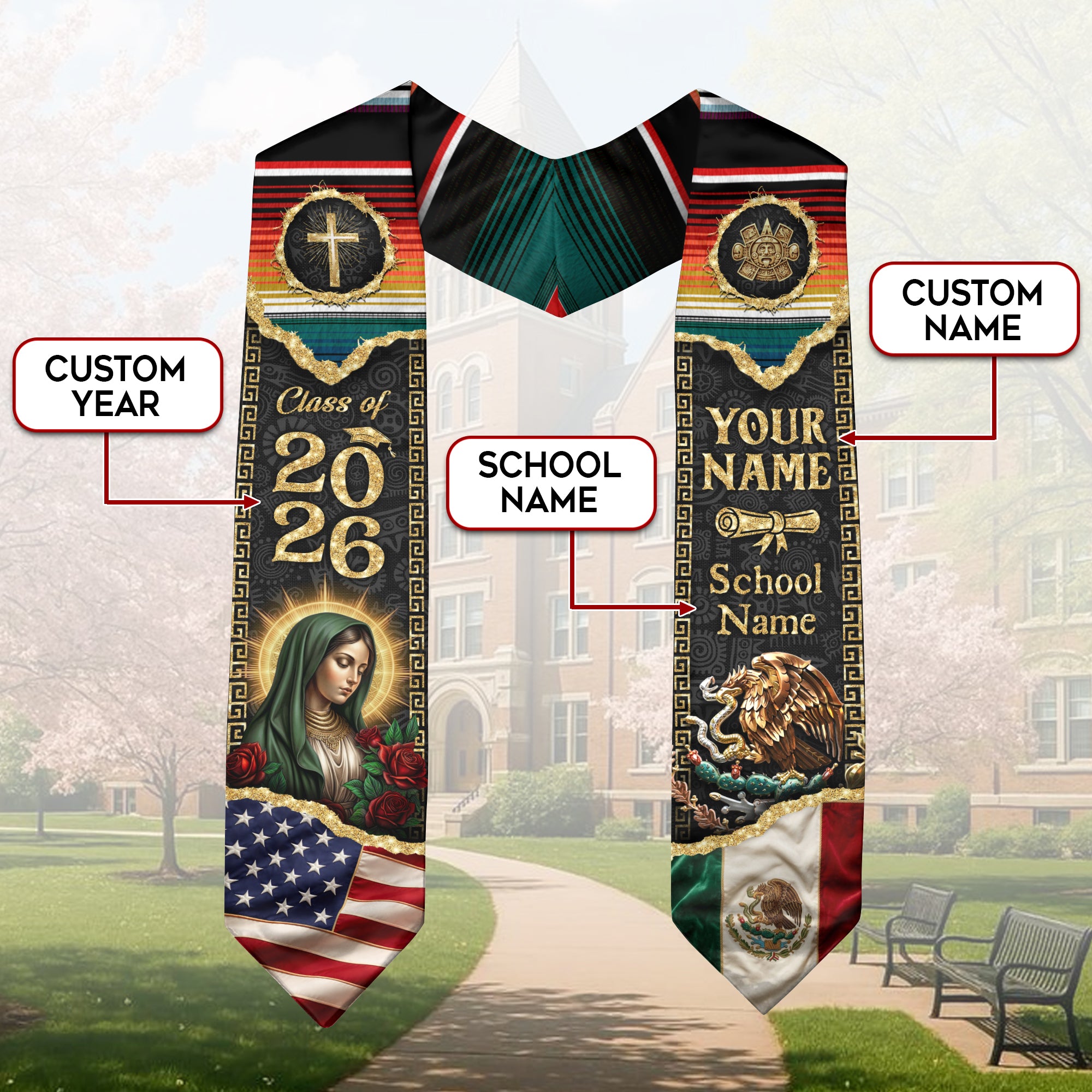 Mexico Graduation Stole 2026 Personalized Name USA Mexican Flag Pride Sash