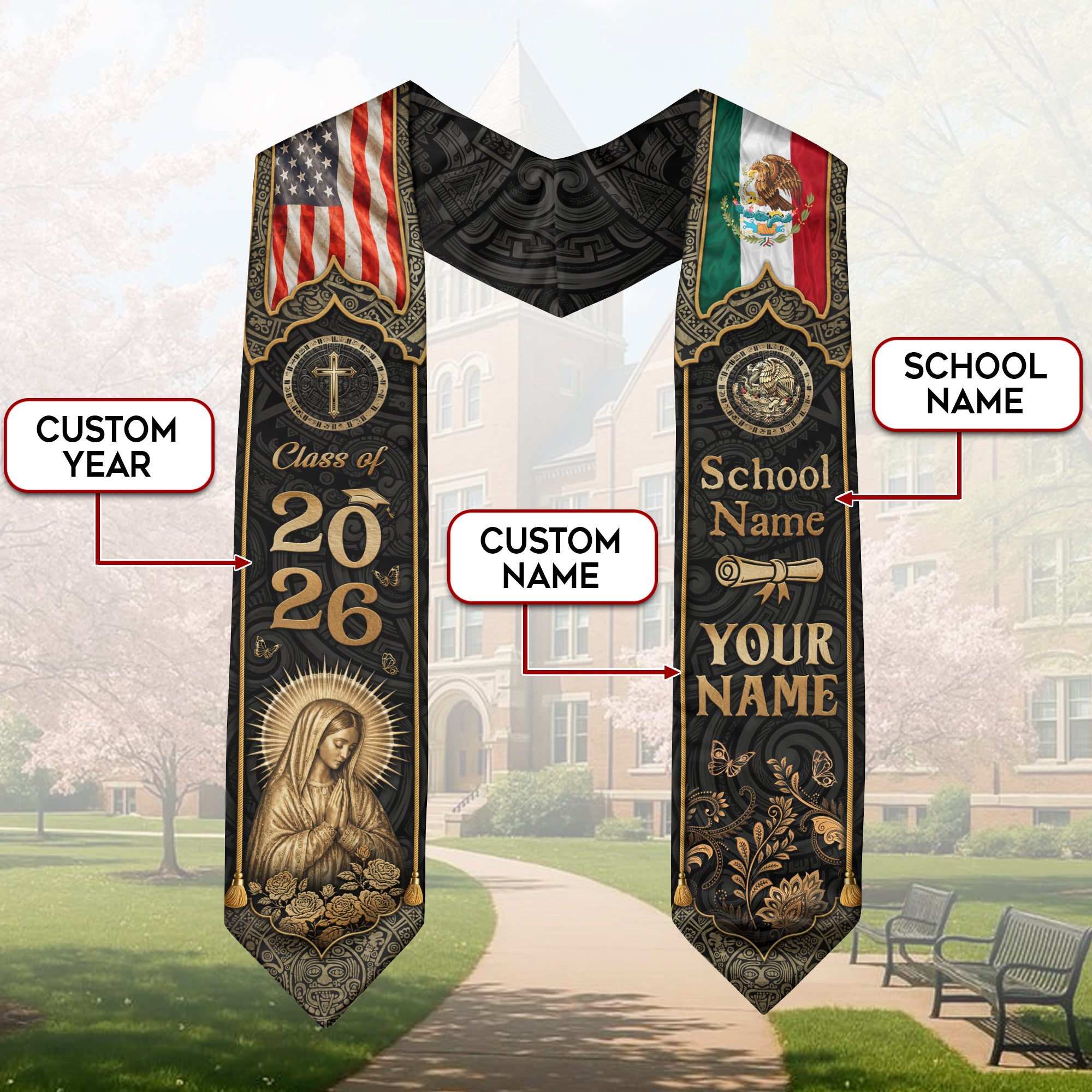 Mexico Graduation Stole Custom Name Class of 2026 USA Flag Virgin Mary Heritage Sash