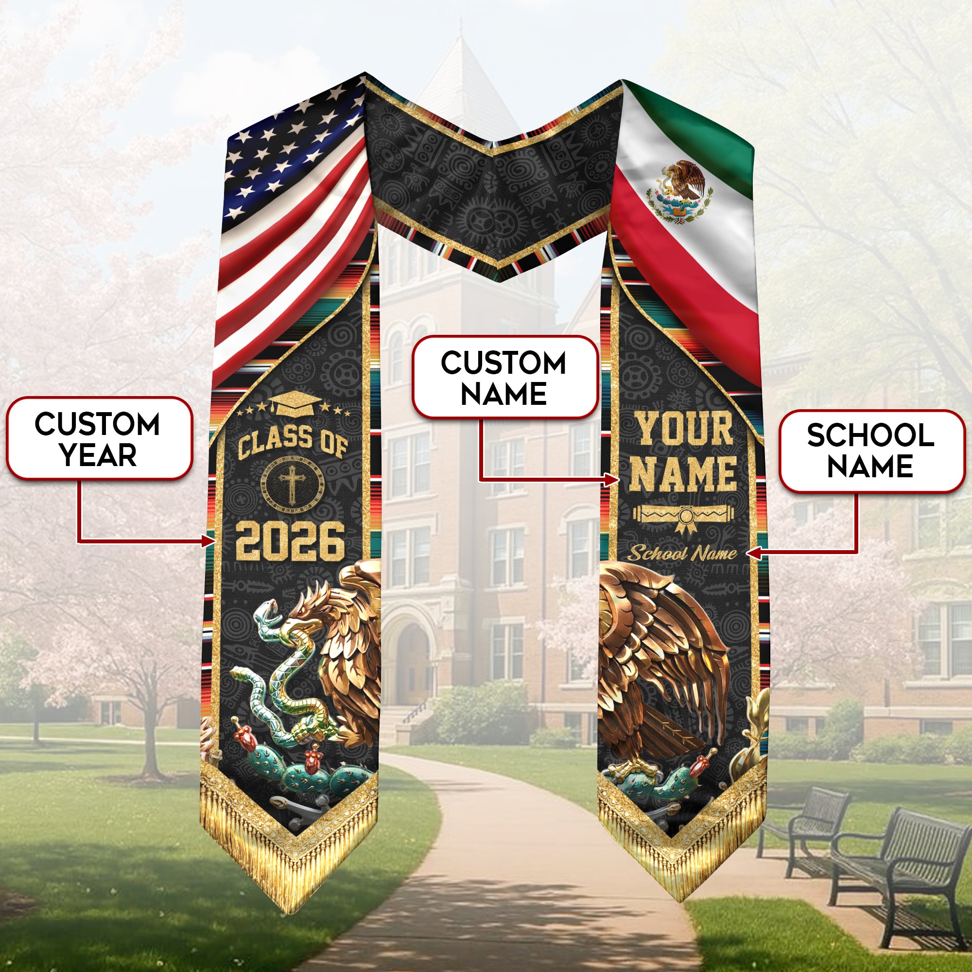 Mexico Graduation Stole 2026 Custom Name School USA Mexican Flag Eagle Heritage Sash