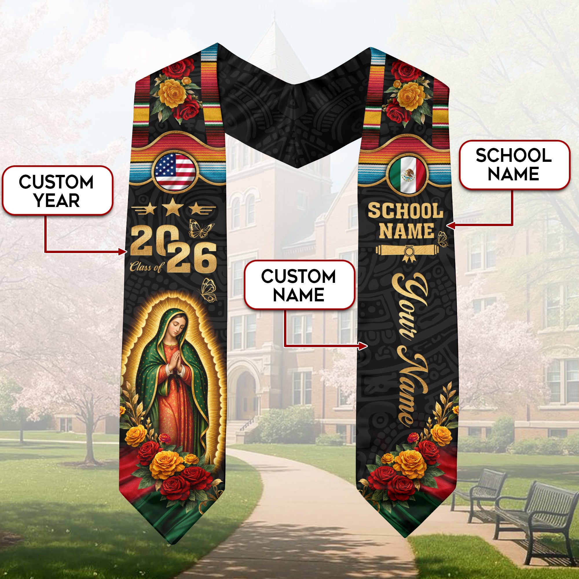 Mexican Graduation Stole 2026 – Virgin Mary, USA & Mexico Flag, Name & School Personalized Sash