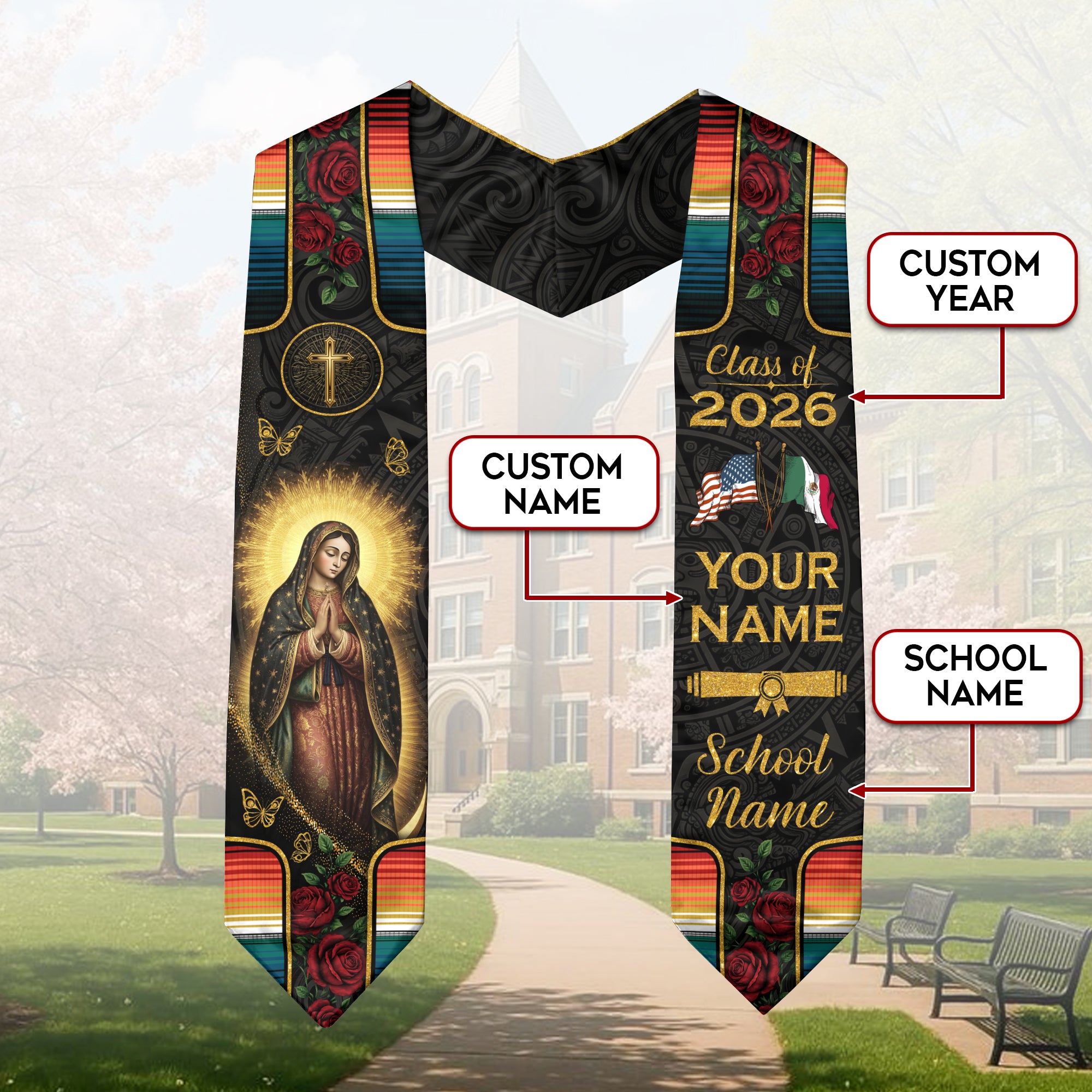 Mexico Graduation Stole Custom Name Class of 2026 Virgin Mary USA Mexico Flag Sash