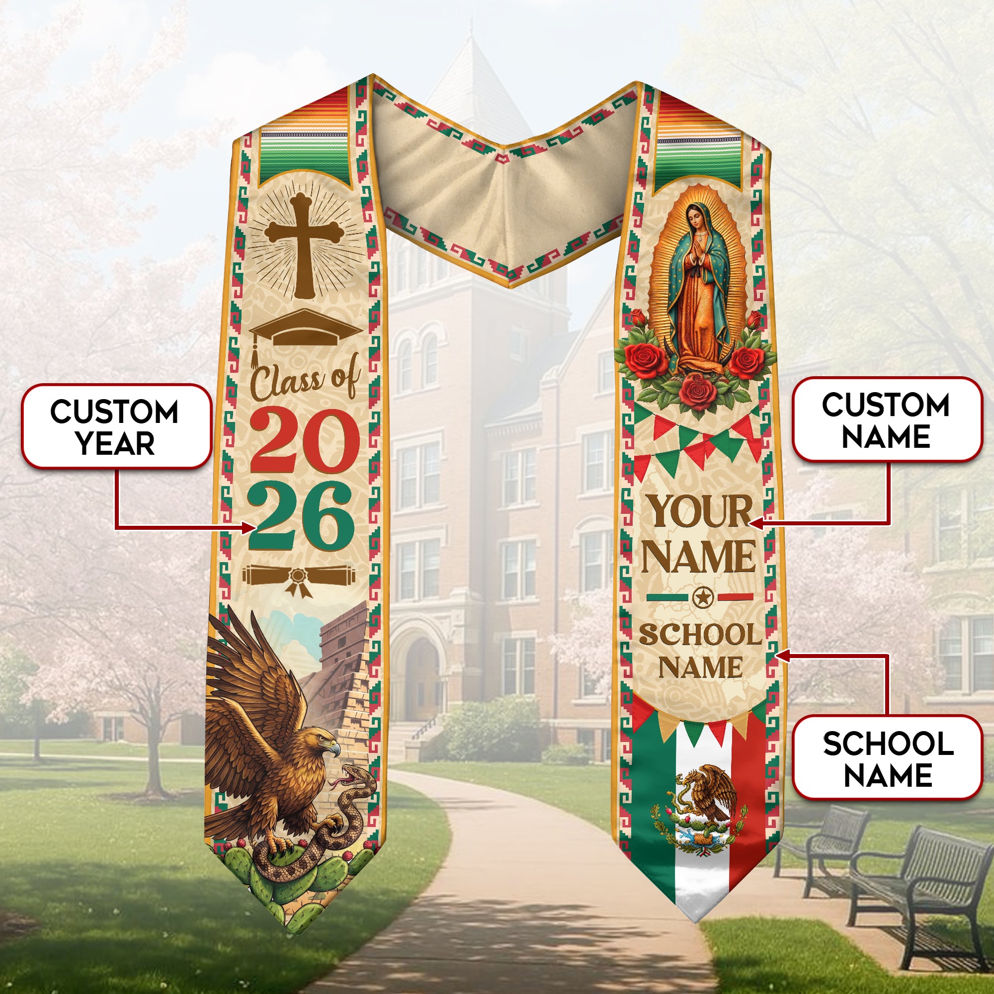 Custom Mexican Stole with Our Lady of Guadalupe & Eagle - Class of 2026 Heritage Sash