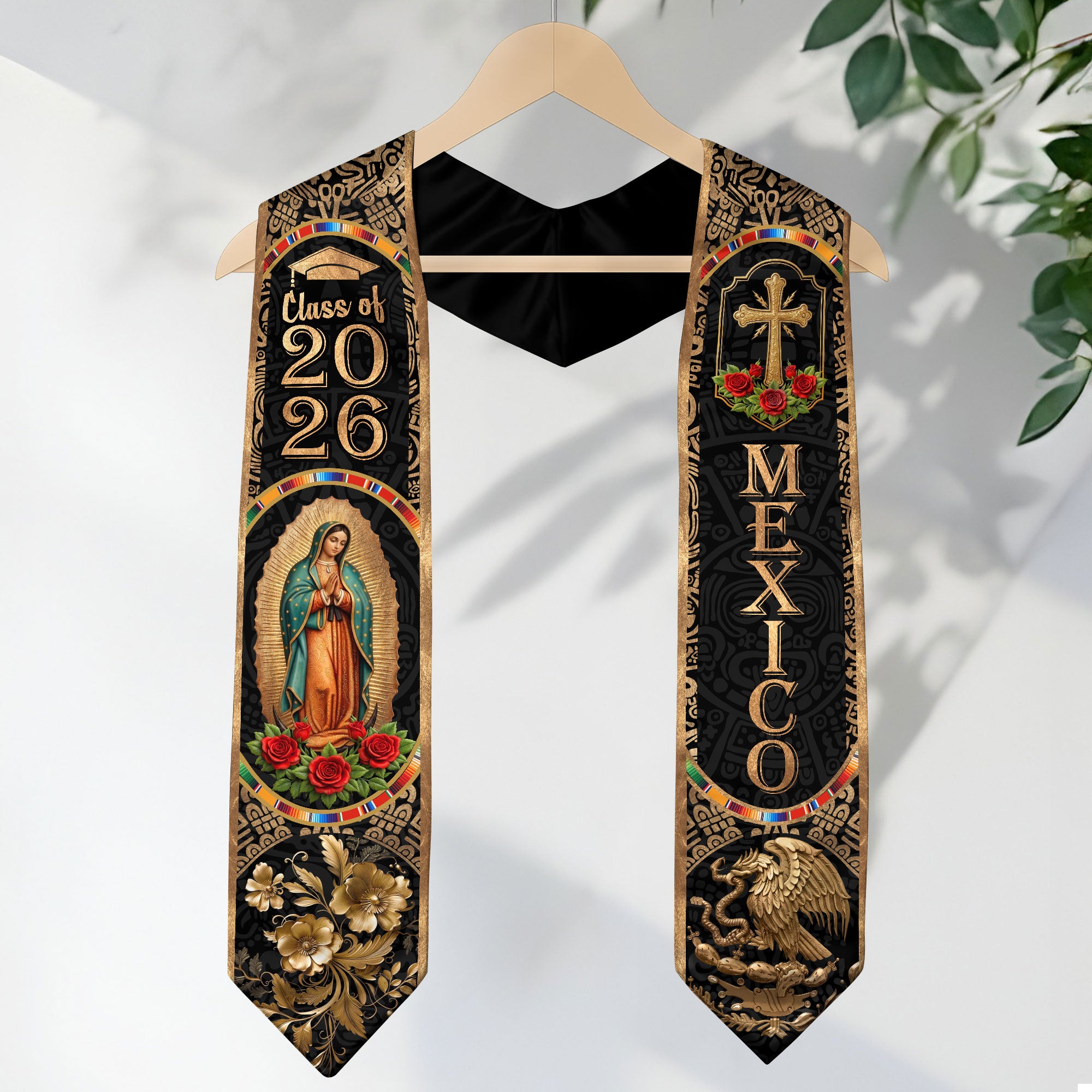 Mexican Graduation Stole Class of 2026 - Black Gold Mexican Heritage Sash Gift