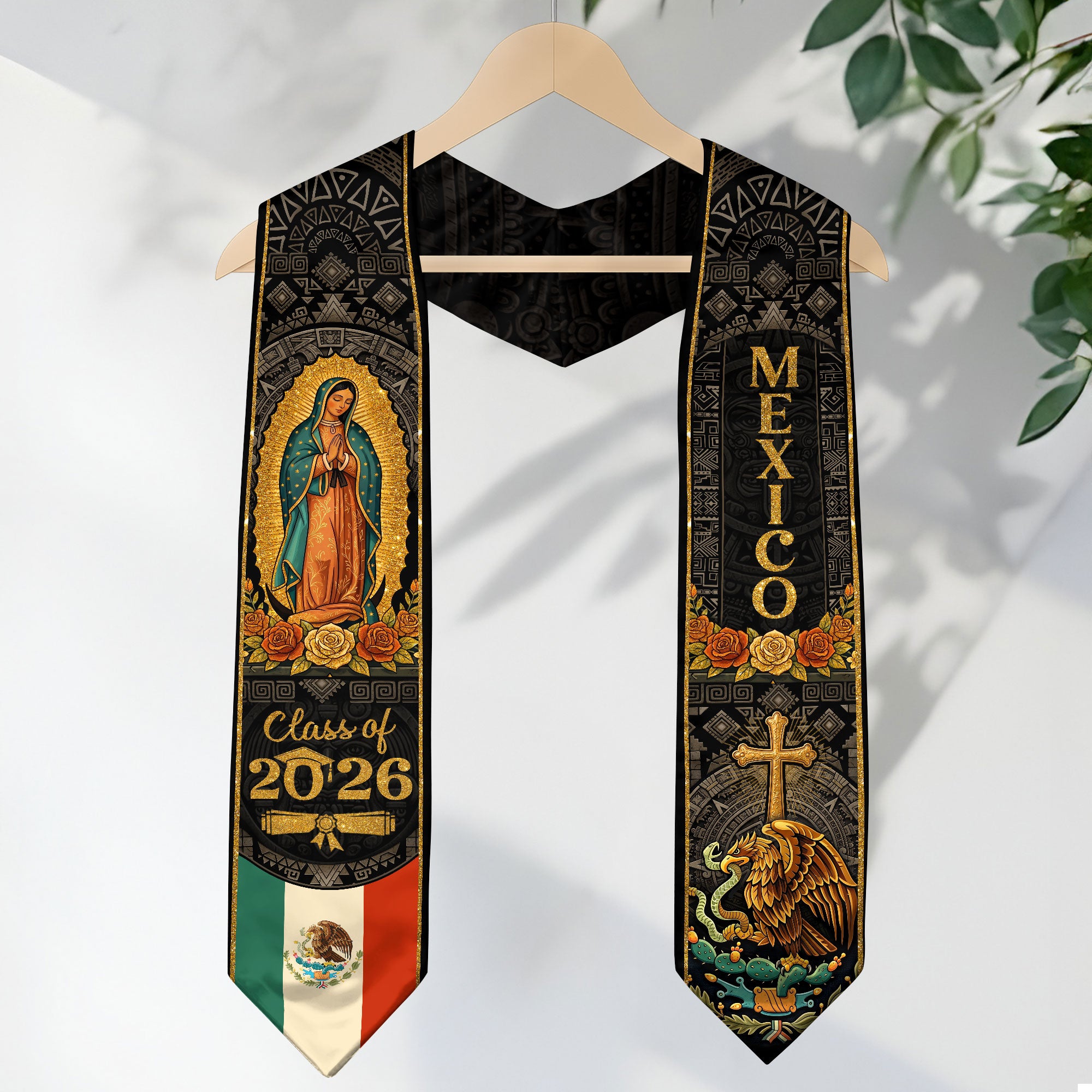 Our Lady of Guadalupe Graduation Stole 2026 - Aztec Sun Stone Mexico Heritage Sash