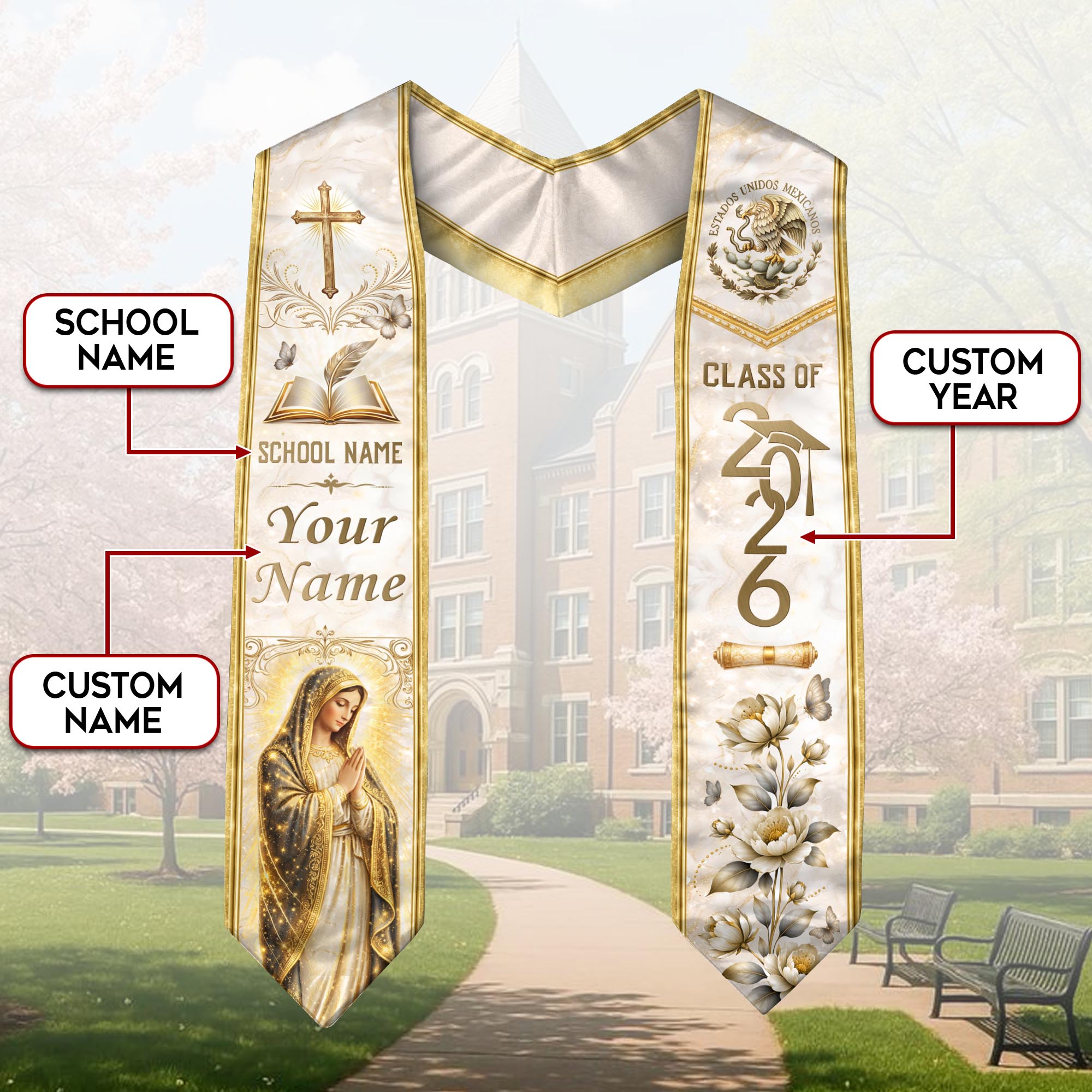 Custom Mexico Graduation Stole - Class of 2026 Mexican Heritage Stole Gold Cross