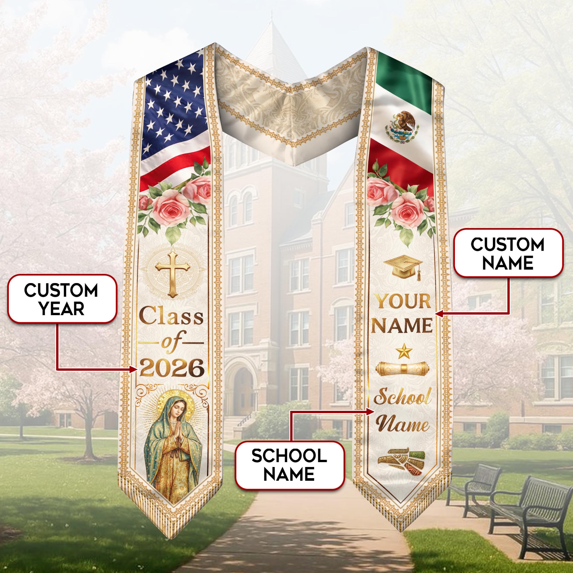 Custom Mexican Graduation Stole 2026 Virgin Mary Aztec Eagle Name School Sash