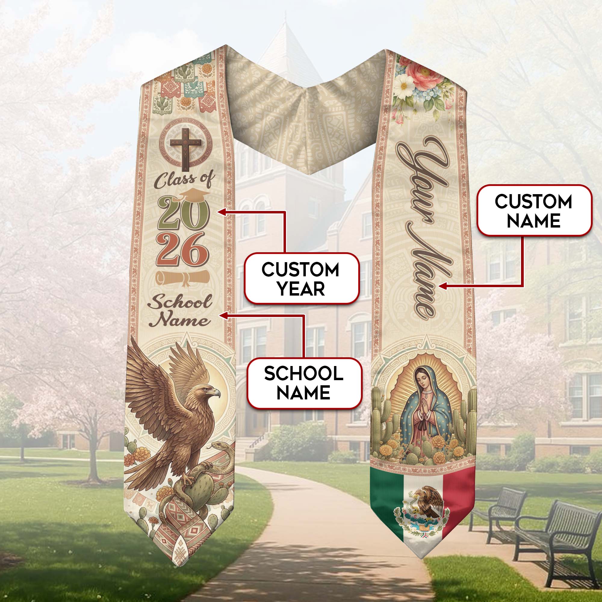 Custom Mexico Graduation Stole 2026 - Our Lady of Guadalupe & Eagle Heritage Sash