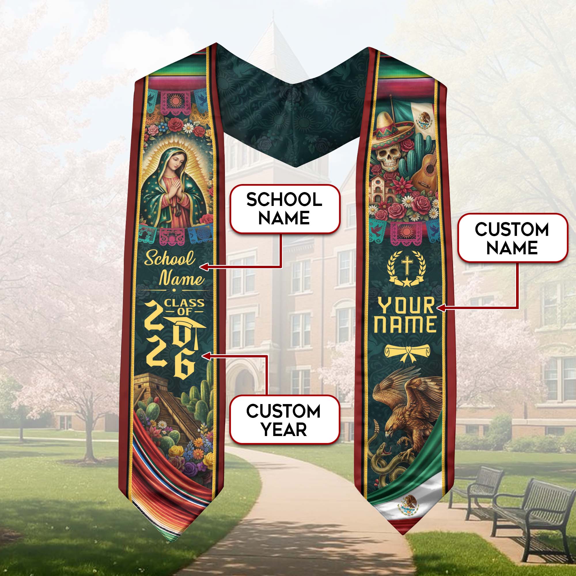 Custom Mexico Graduation Stole 2026 - Sugar Skull, Guitar & Guadalupe Heritage Sash