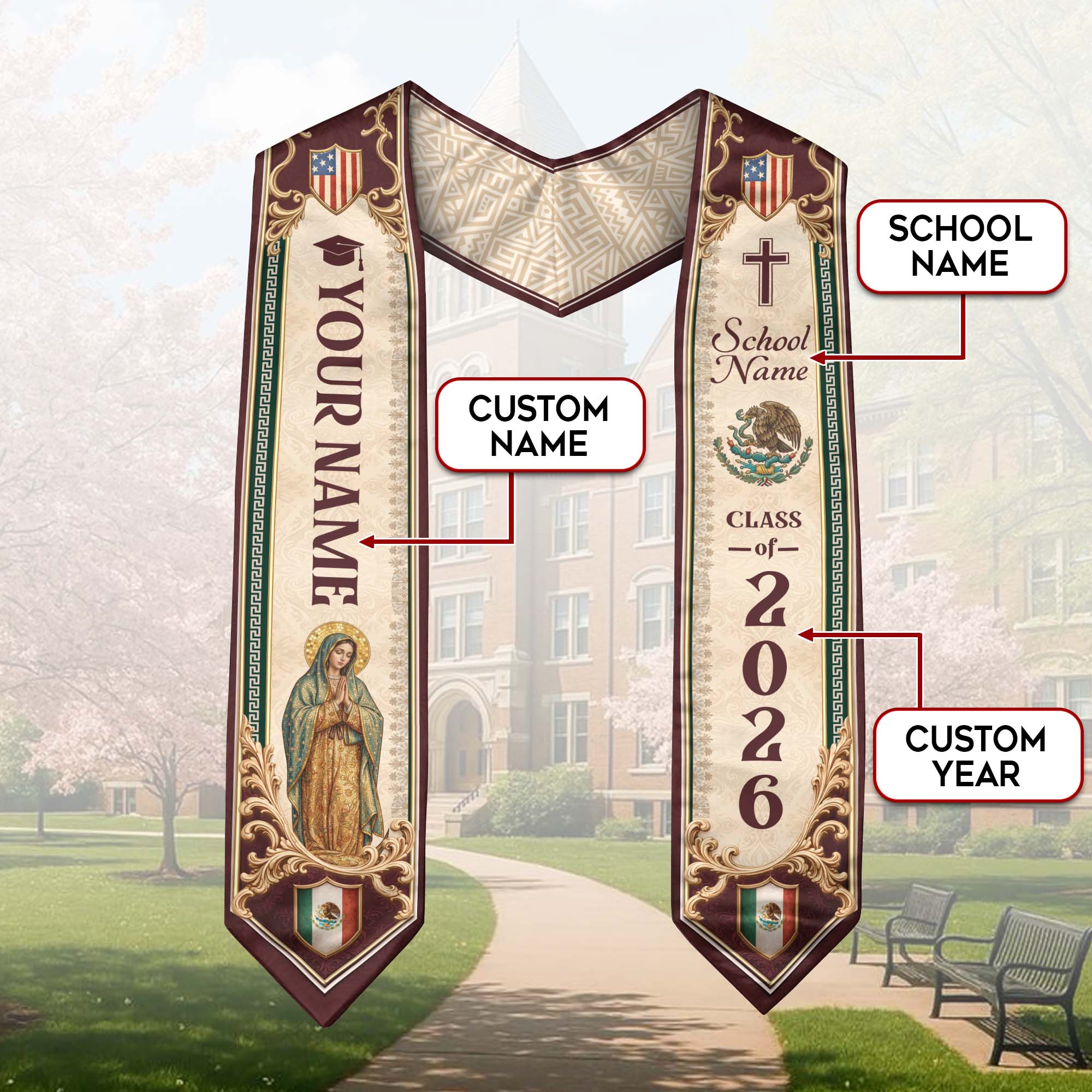 Custom Mexico US Flag Graduation Stole 2026 - Our Lady of Guadalupe Heritage Sash