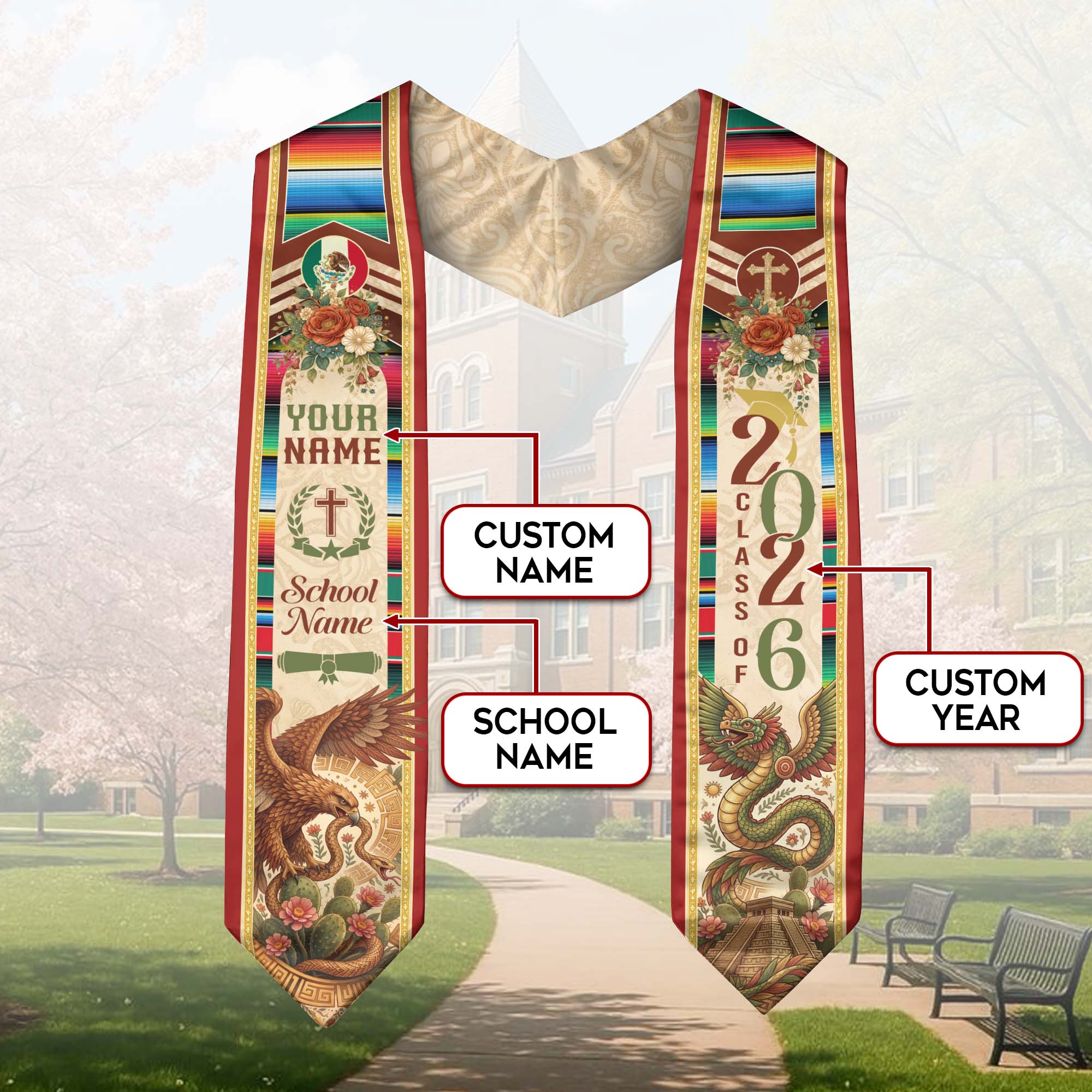 Custom Mexico Graduation Stole 2026 - Quetzalcoatl Aztec & Mexican Eagle Heritage Sash