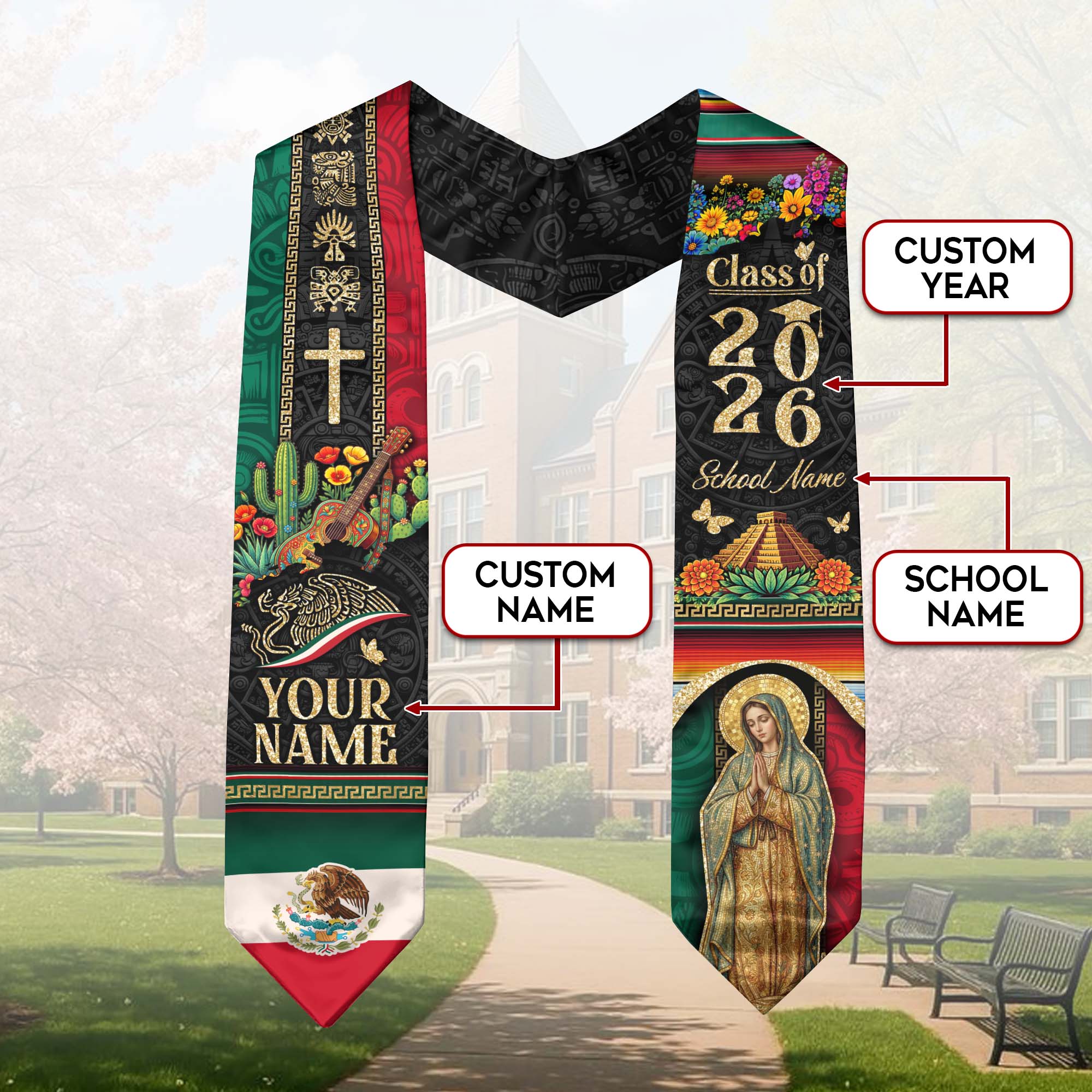 Personalized Mexican Graduation Stole 2026 - Aztec Pyramid & Guitar Heritage Sash