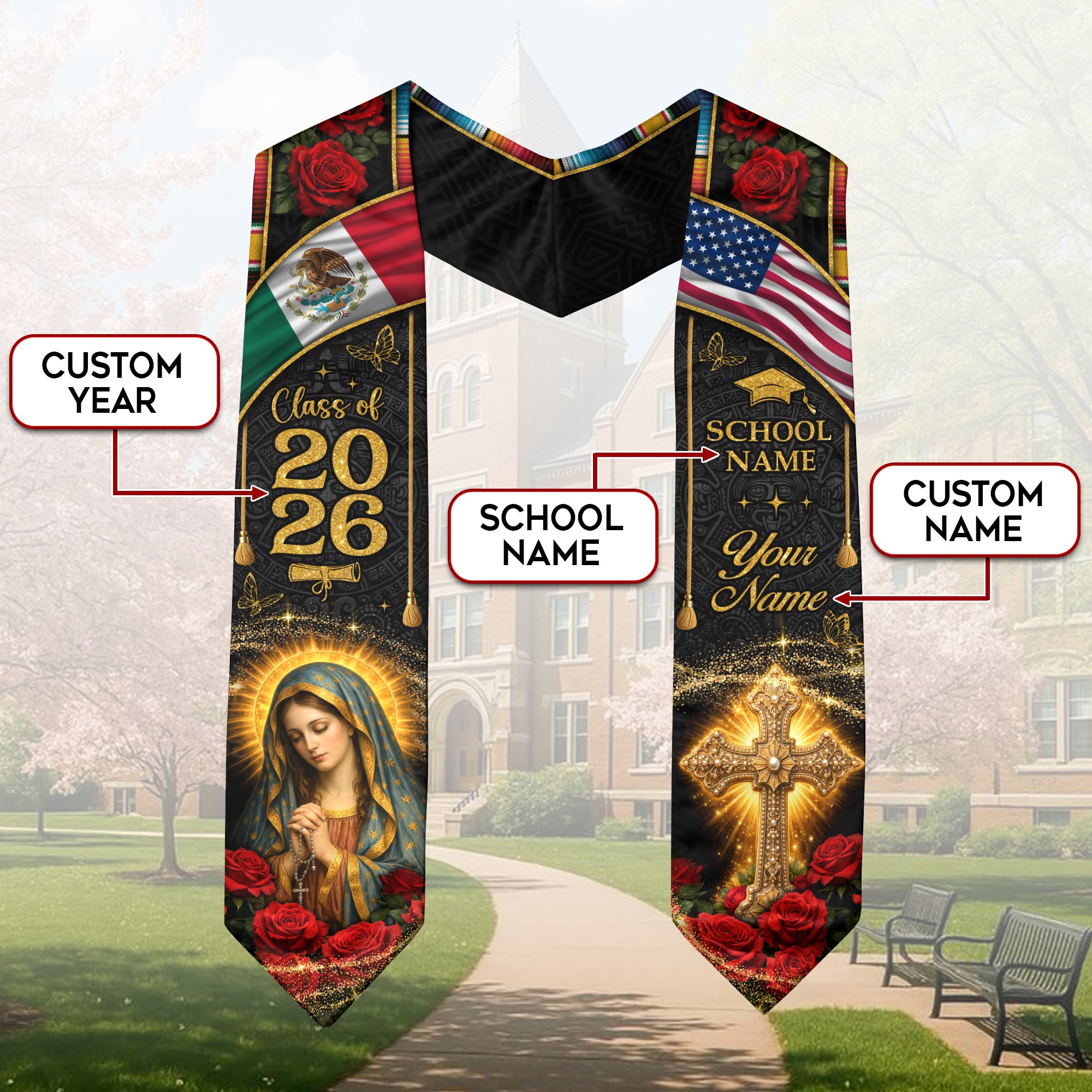 Custom Mexico Graduation Stole Class of 2026 Virgin Mary Cross Mexican Flag Sash