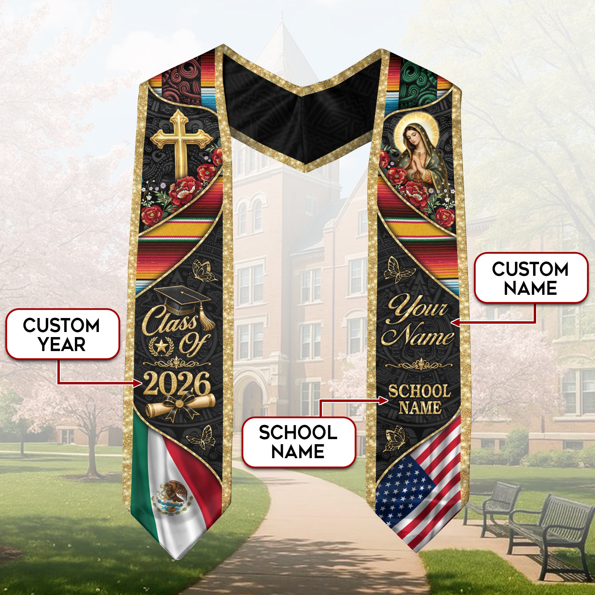Custom Mexico Graduation Stole 2026 Virgin Mary Cross Mexican US Flag Gold Glitter Sash
