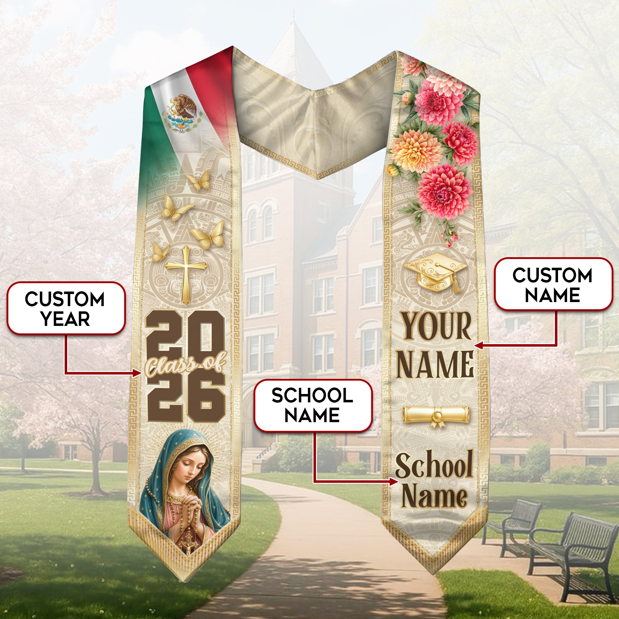 Personalized Mexico Graduation Stole 2026 Virgin Mary Dahlia Floral Mexican Flag Sash