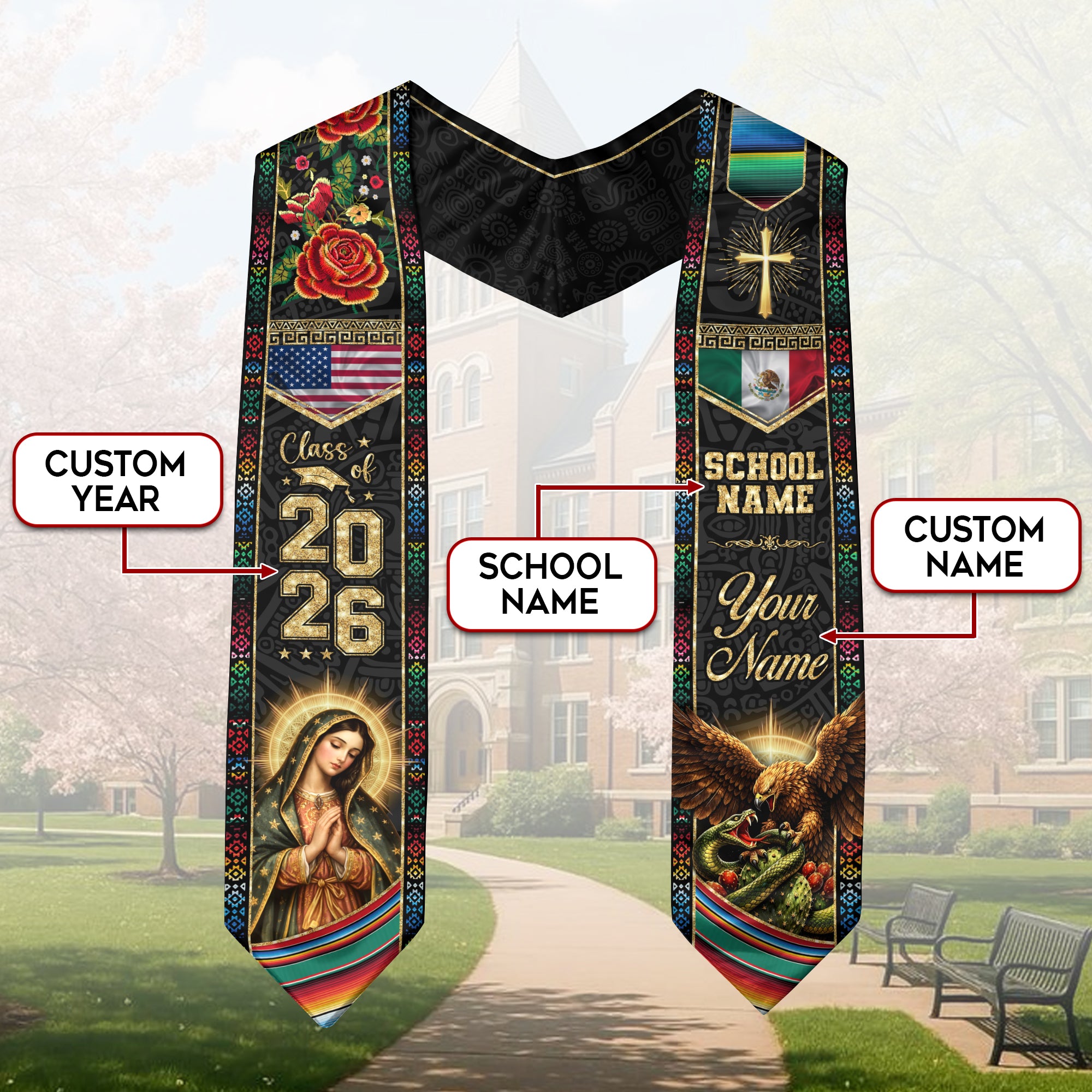 Custom Mexico Graduation Stole 2026 Eagle Snake Virgin Mary Mexican US Flag Serape Sash