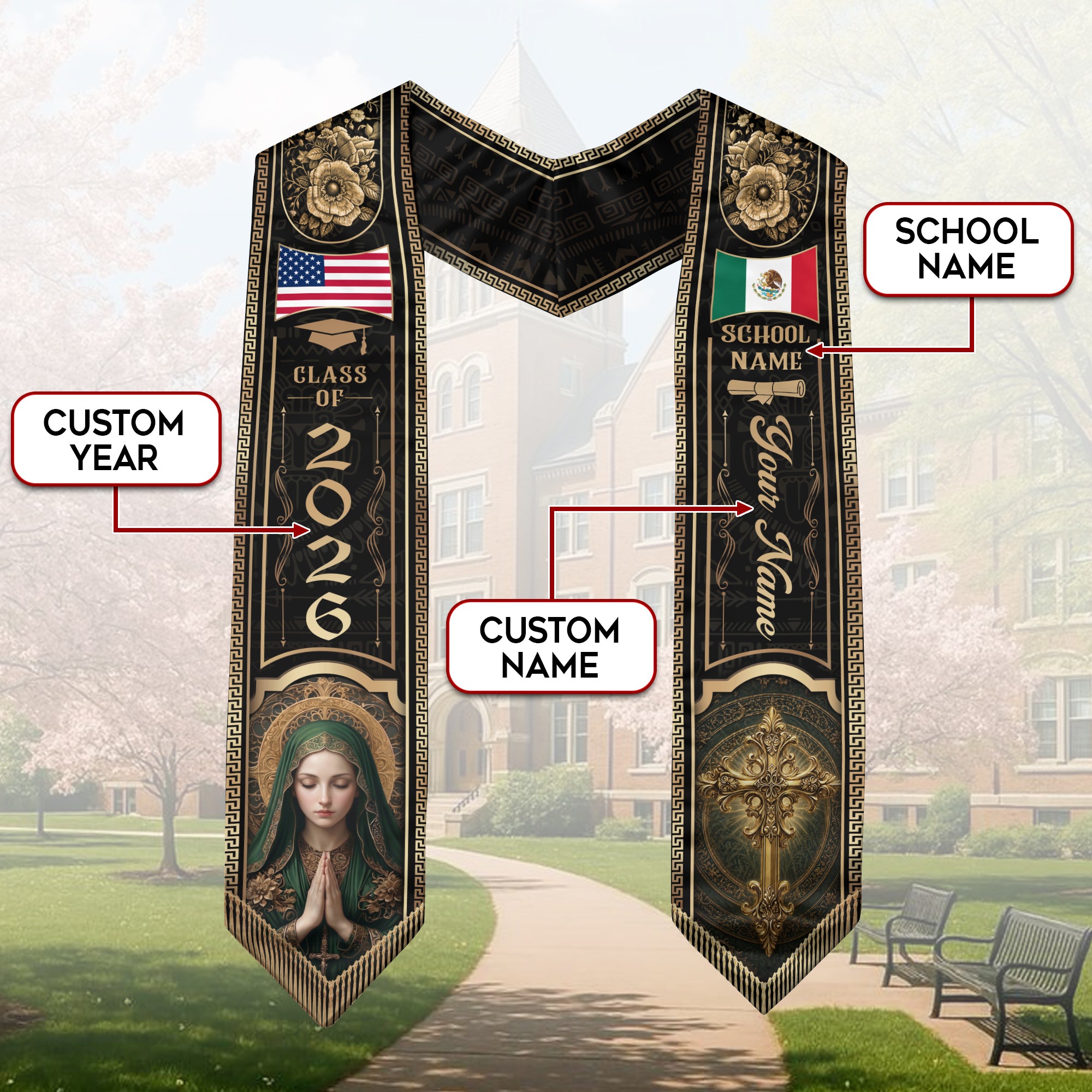Custom Mexico Graduation Stole 2026 Virgin Mary Cross Mexican US Flag Gold Greek Sash