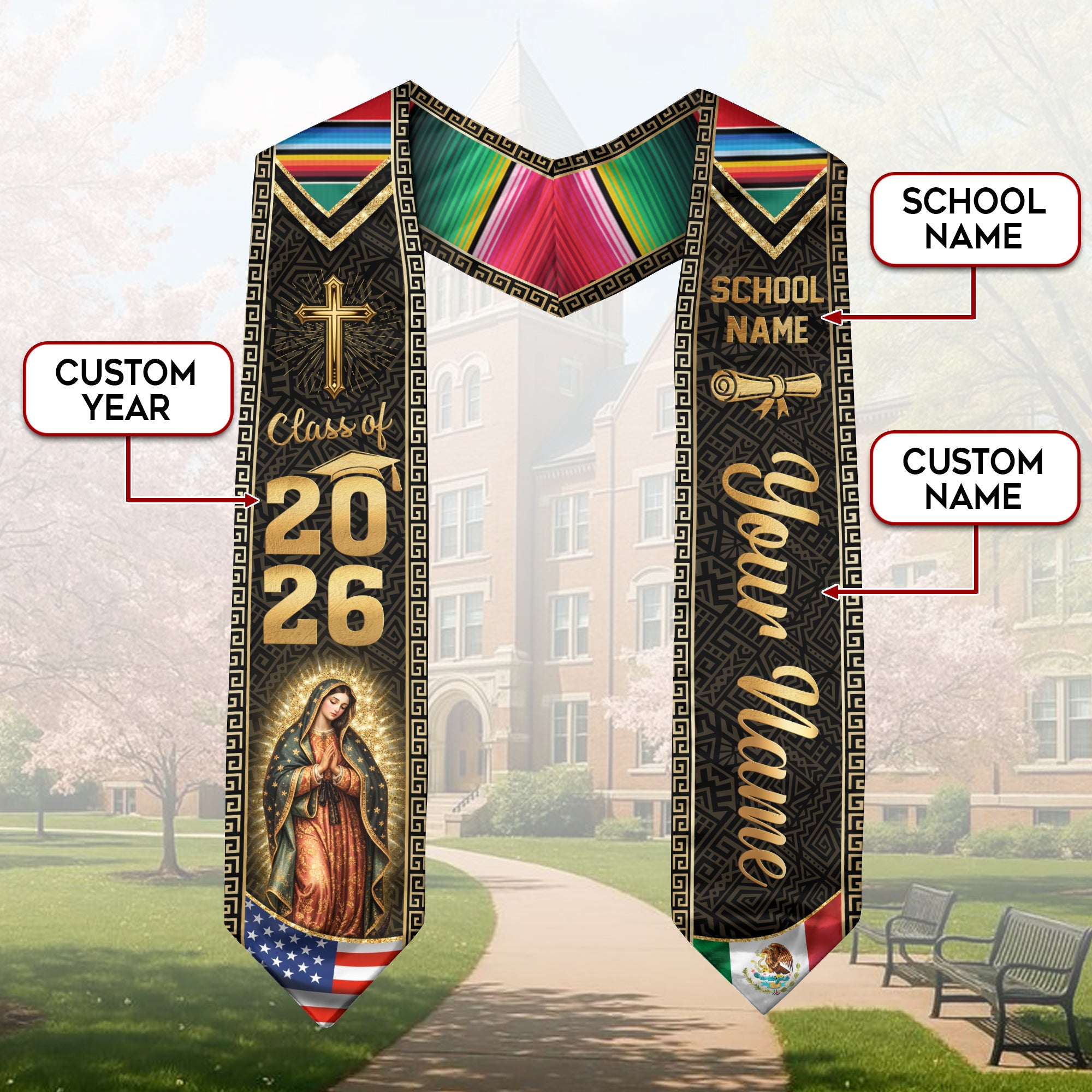 Mexico USA Graduation Stole Class of 2026 - Personalized Serape Heritage Gold Sash