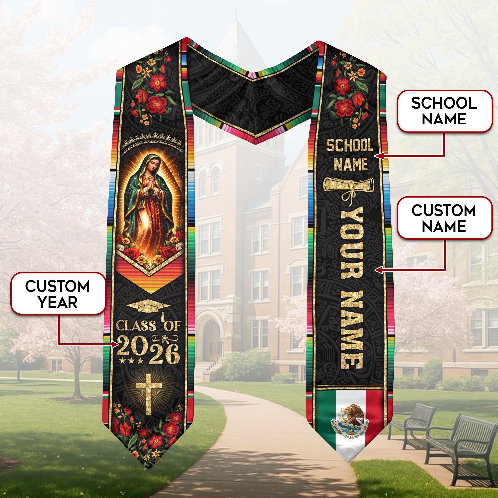 Custom Name School Mexico Graduation Stole 2026 - Mexican Pride Serape Cross Sash