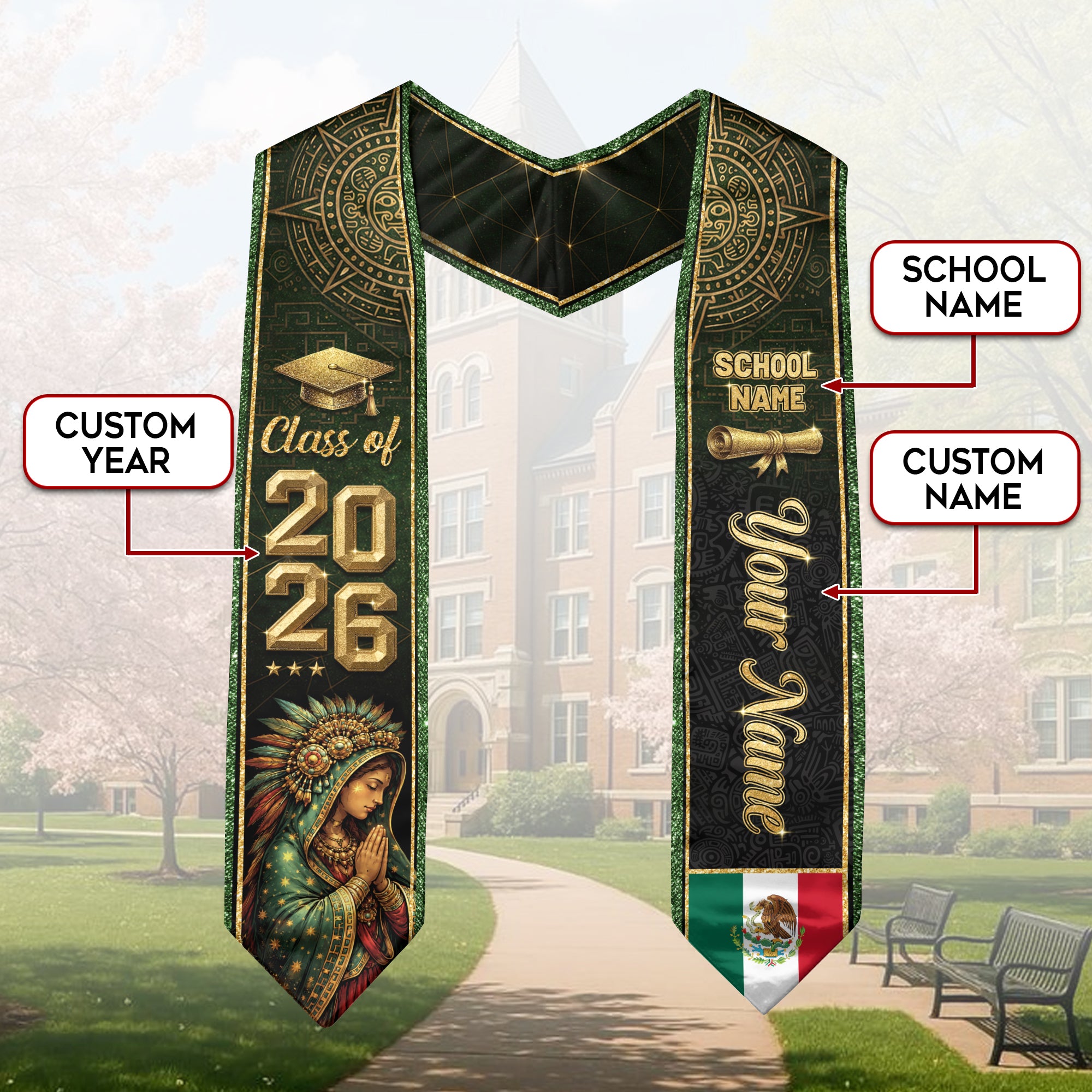 Personalized Mexico Graduation Sash 2026 - Virgin Mary Green Glitter Heritage Stole