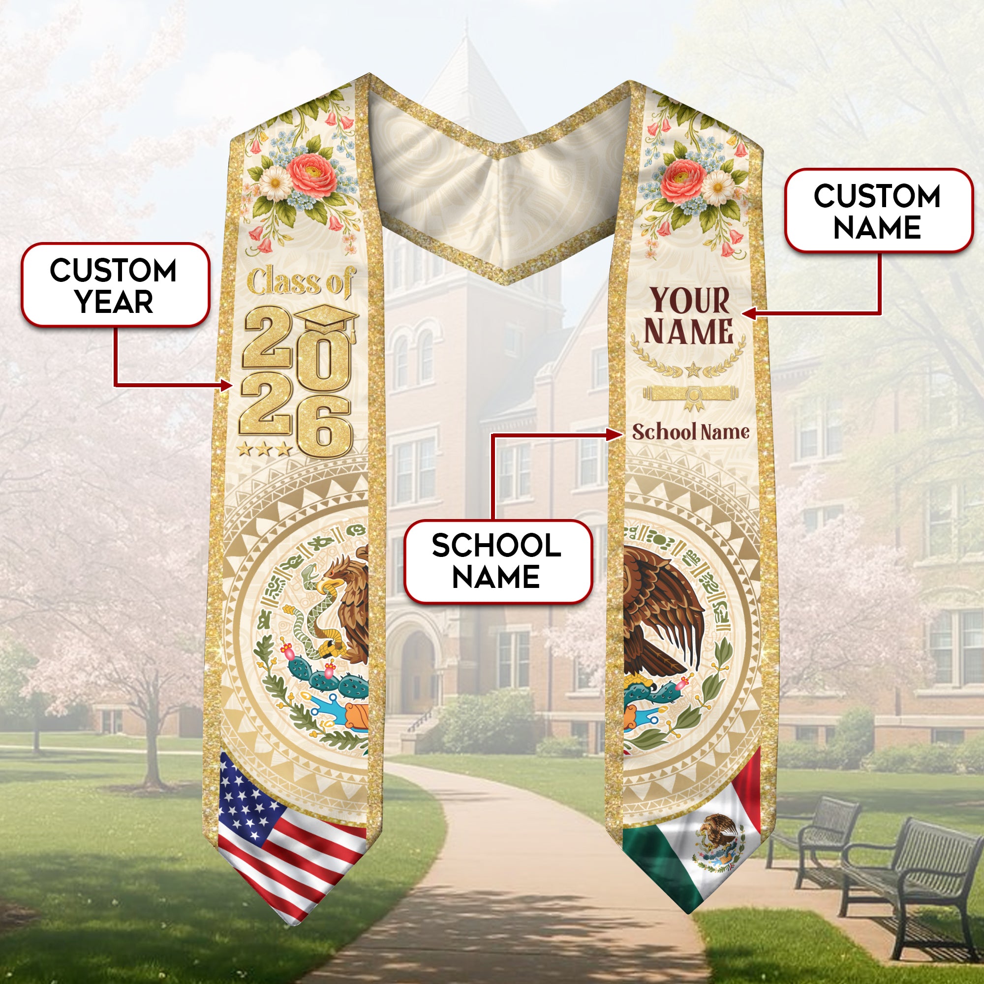 Mexico USA Graduation Stole Class of 2026 - Personalized Dual Heritage Floral Gold Sash