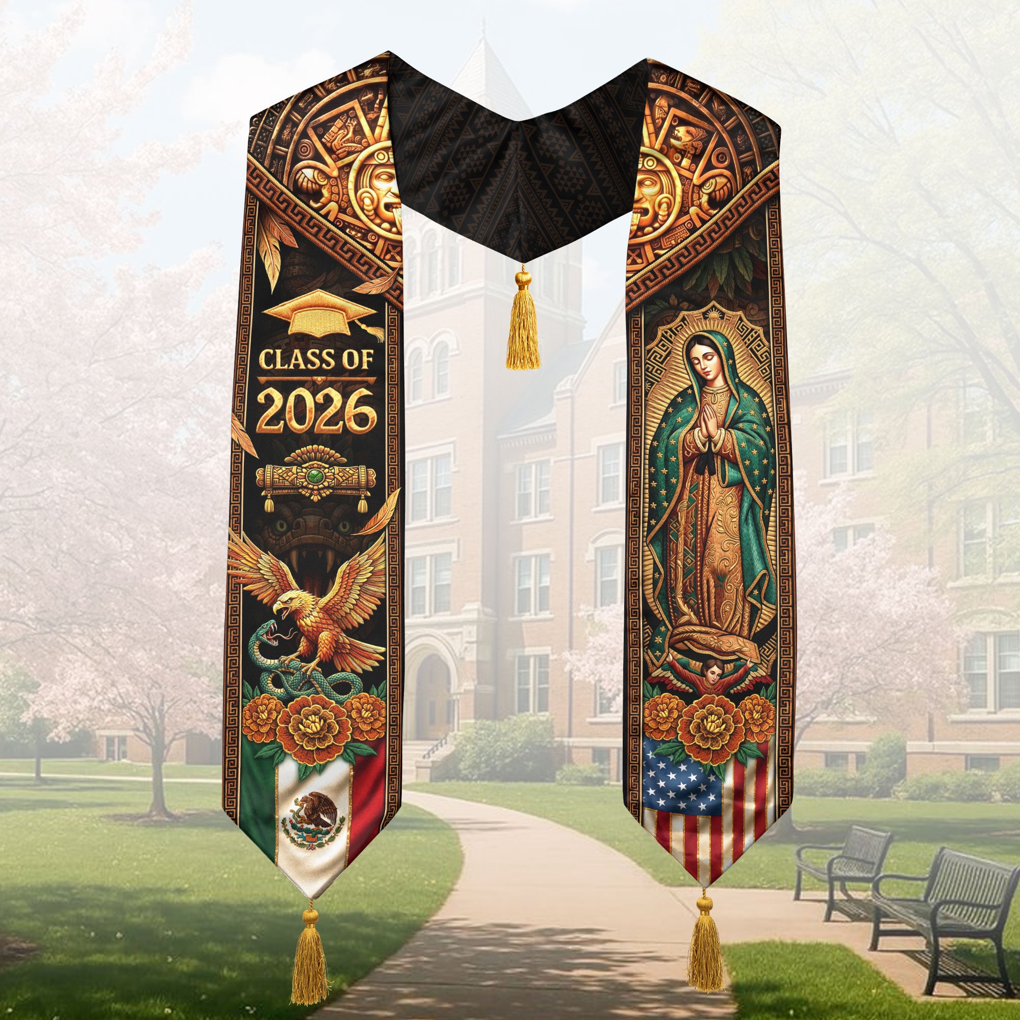 Class of 2026 Graduation Stole Mexico Flag Virgin Guadalupe Aztec Eagle Serape Tassel Sash