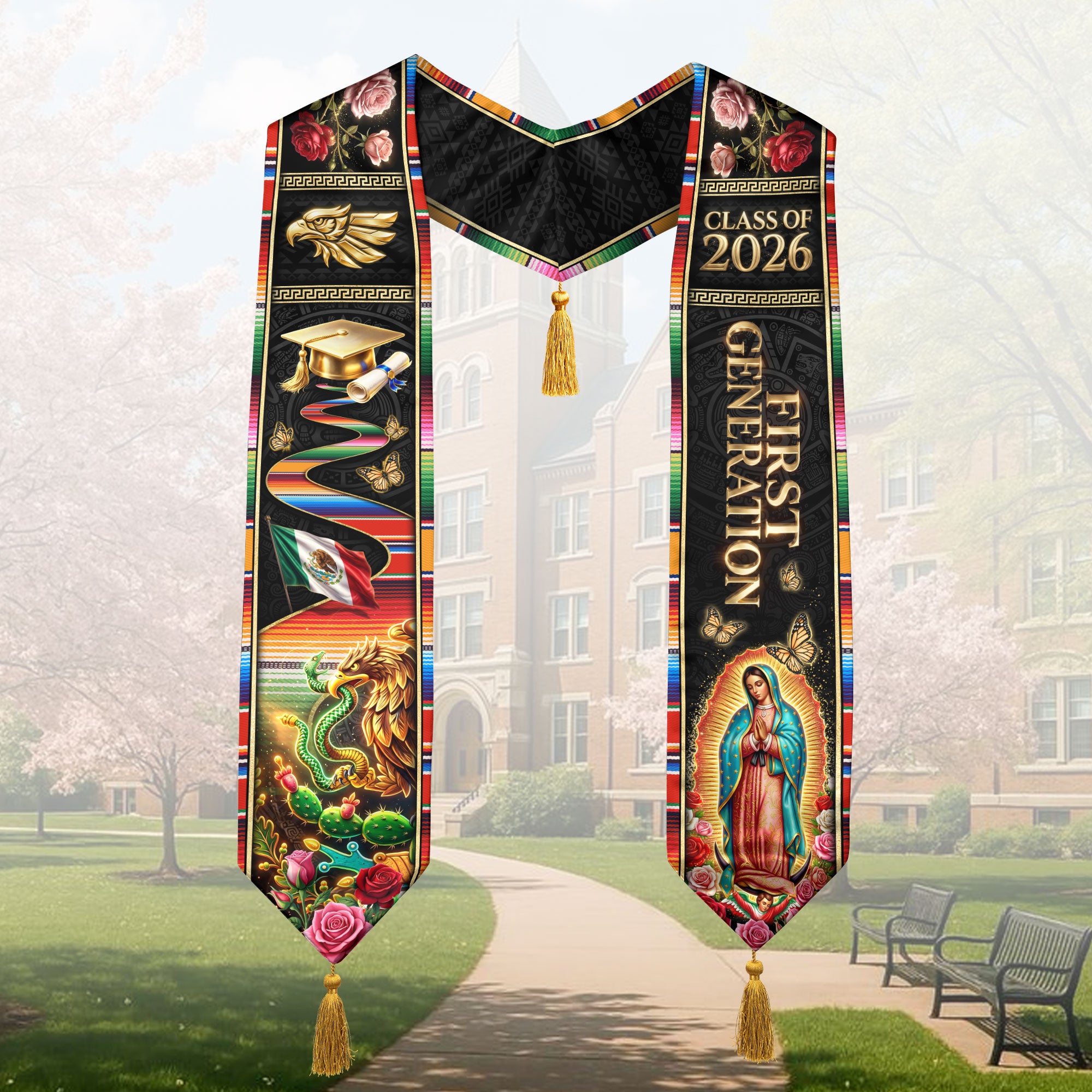 Class of 2026 Mexico Stole First Generation Guadalupe Aztec Eagle Rose Serape Tassel Sash