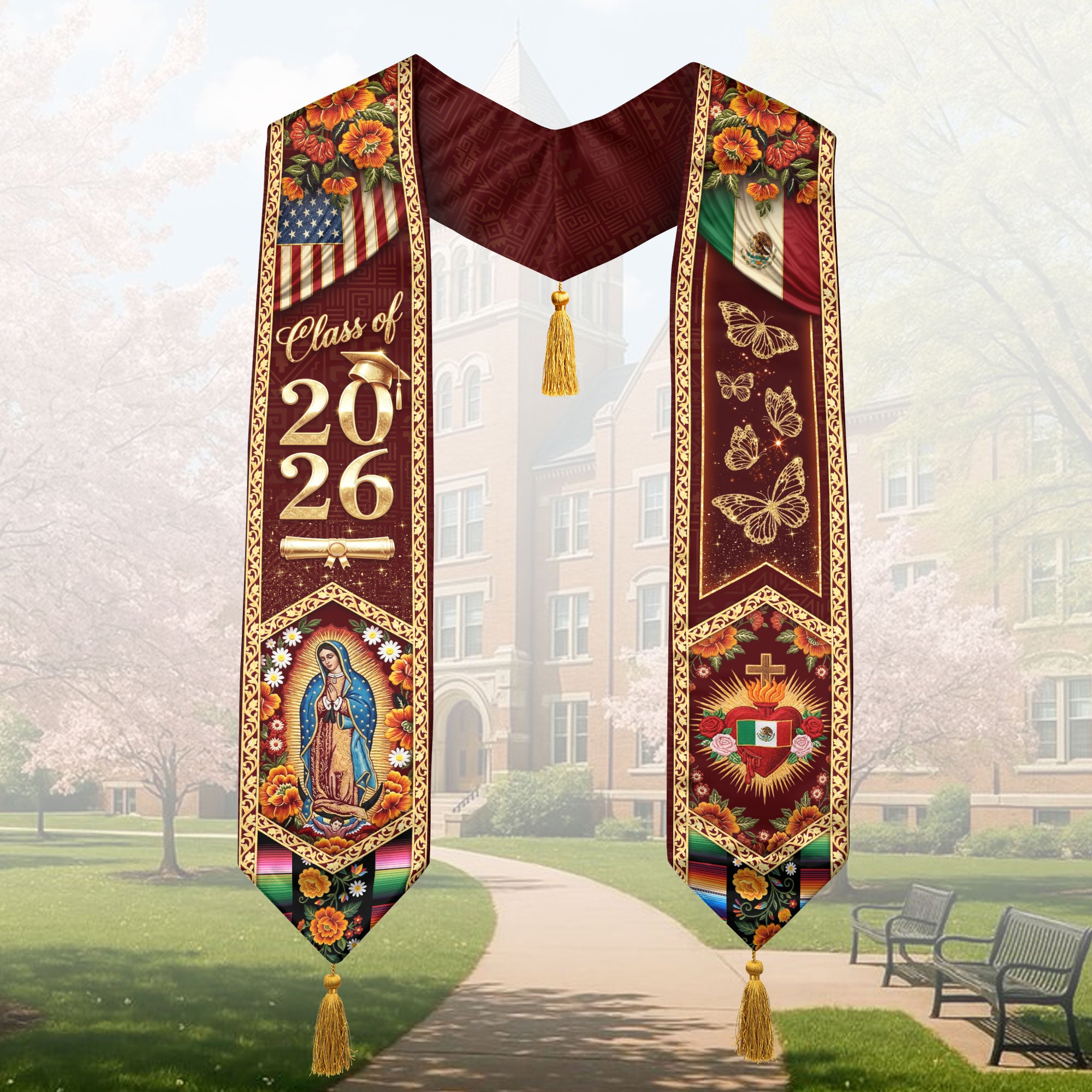 Mexico Stole Class of 2026 Butterfly Sacred Heart Virgin Guadalupe Floral Tassel Sash