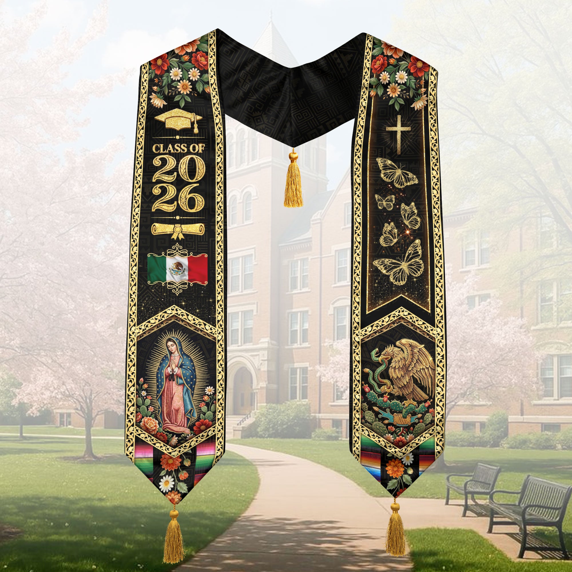 Class of 2026 Mexico Stole Aztec Eagle Virgin Guadalupe Butterfly Floral Tassel Sash