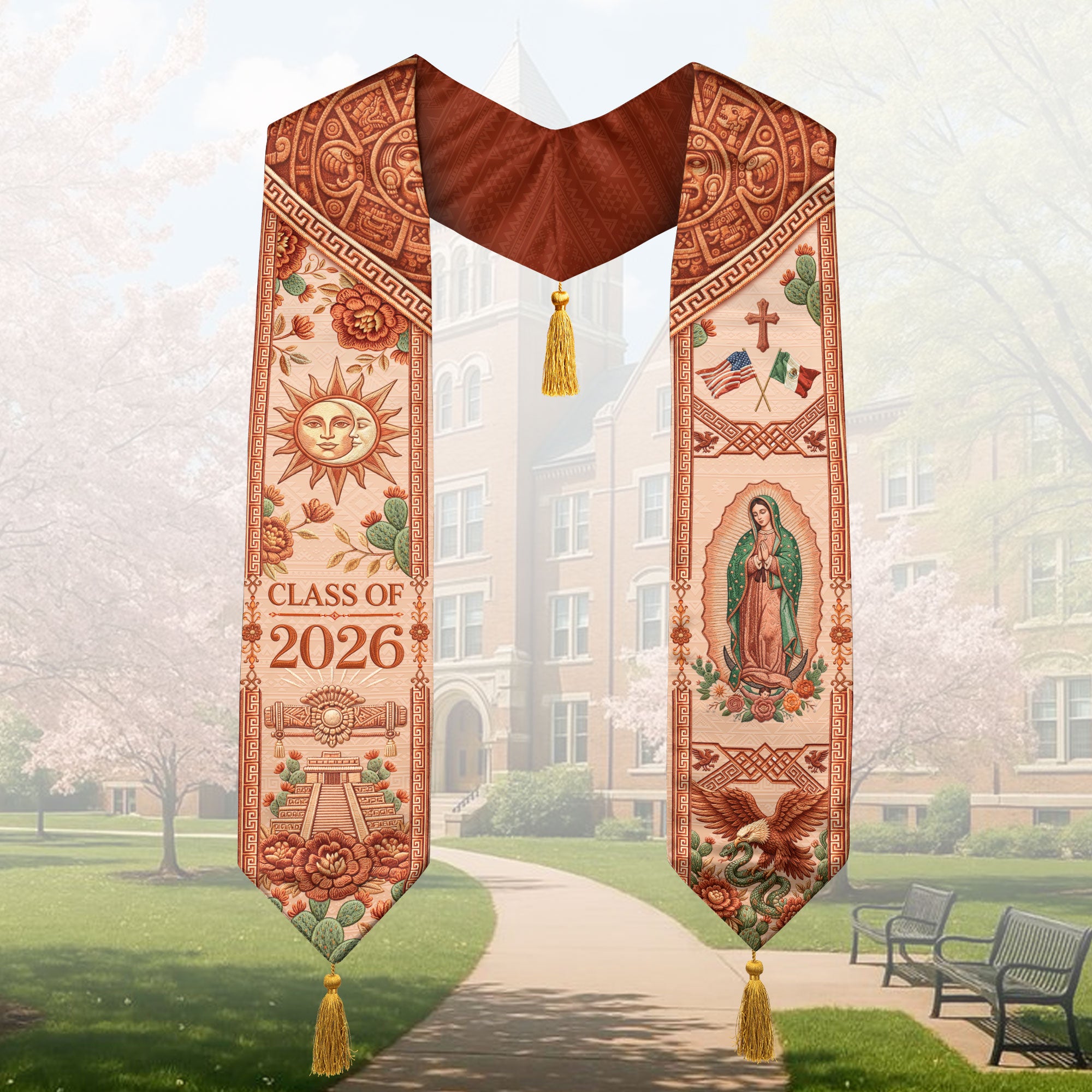 Mexico Graduation Stole Class of 2026 Sun Moon Chichen Itza Guadalupe Tassel Sash