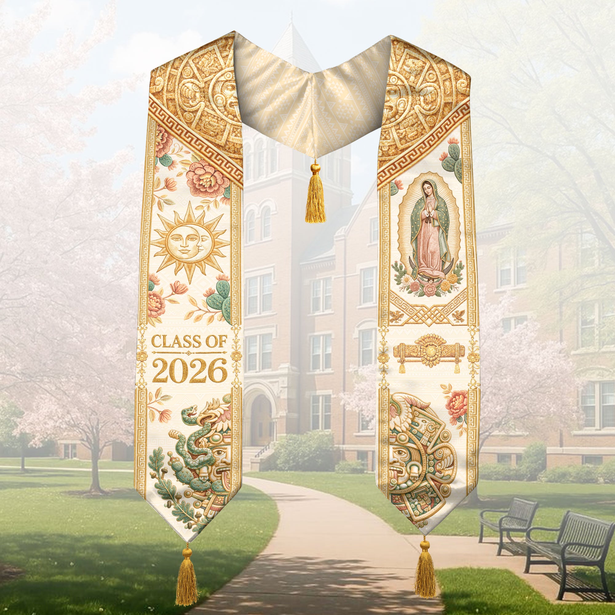 Mexico Graduation Stole Class of 2026 Sun Moon Virgin Guadalupe Floral Tassel Sash