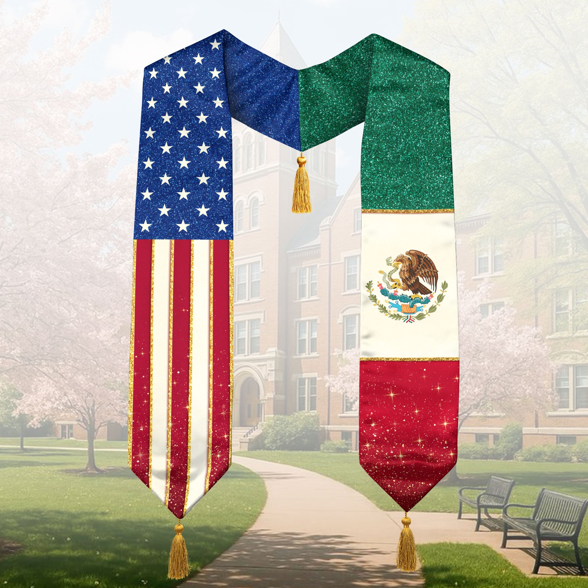 Mexico USA Dual Flag Graduation Stole Glitter Heritage Tassel Sash Gift