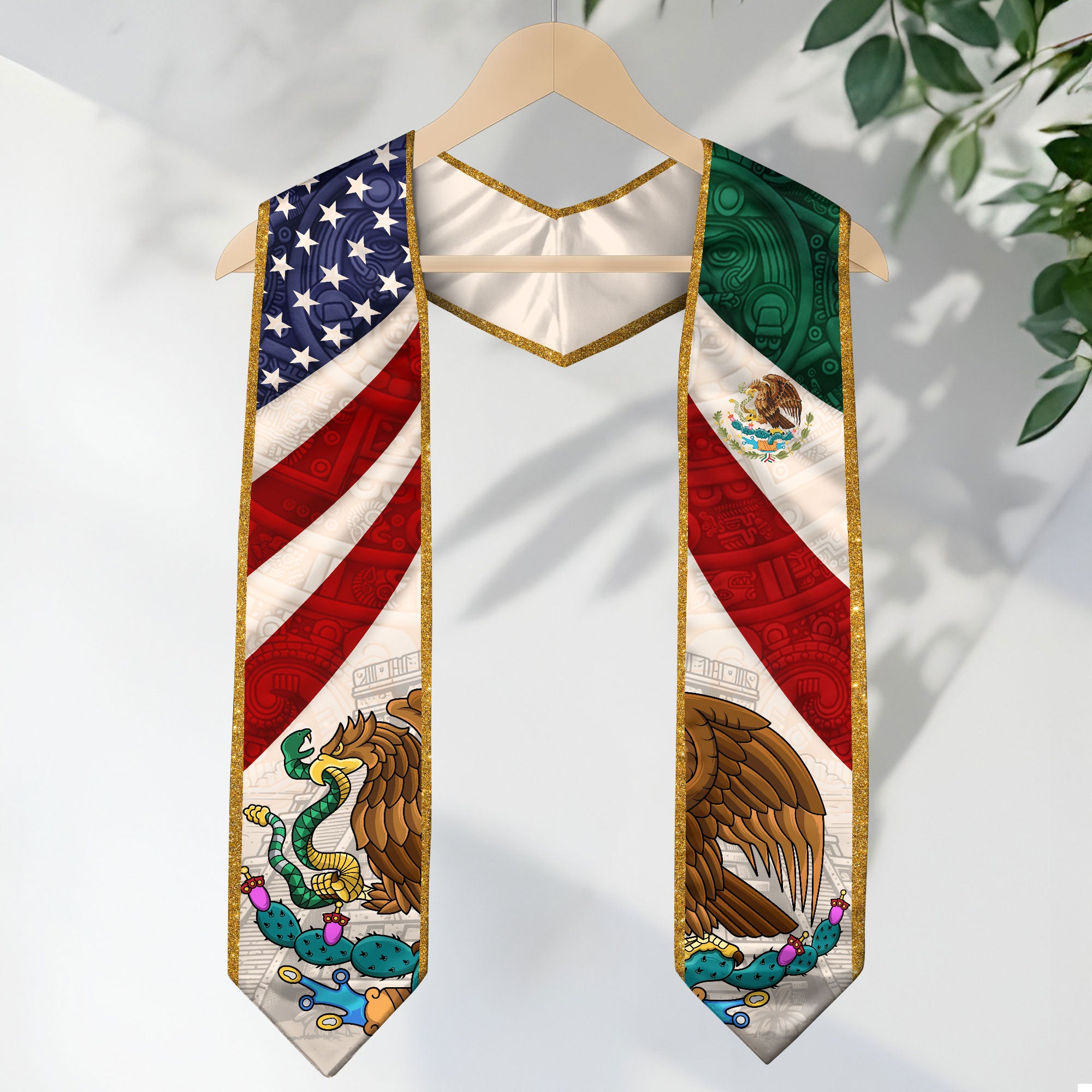 Mexican American Graduation Stole - Mexico USA Flag Sash Aztec Eagle Heritage