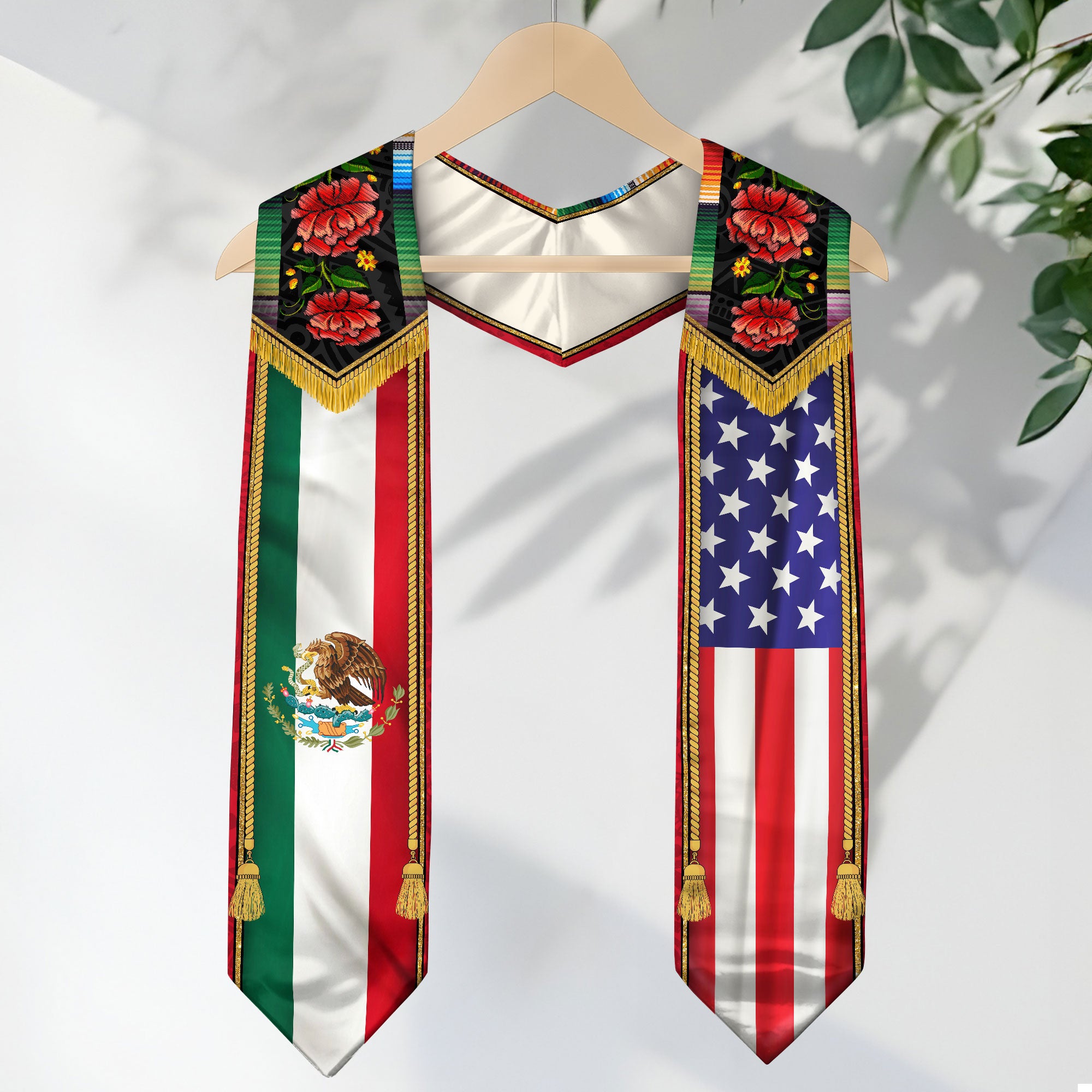 Mexico USA Floral Graduation Stole - Mexican American Heritage Serape Sash