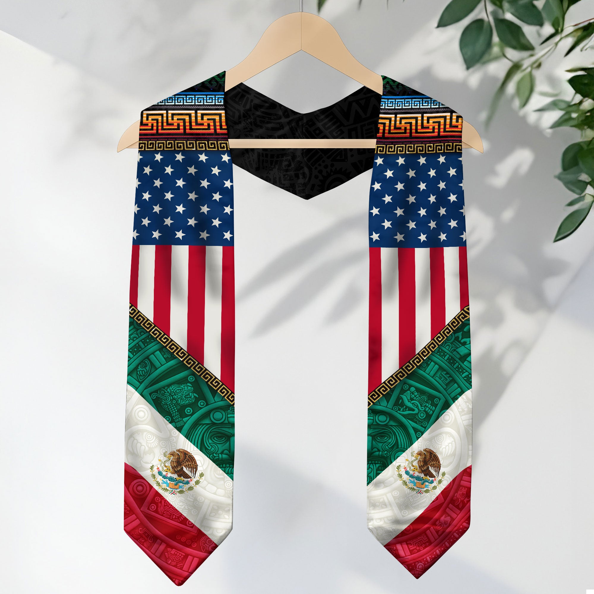 Mexico USA Flag Graduation Stole - Aztec Pattern Mexican American Heritage Sash