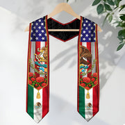 Mexico USA Flag Graduation Stole - Mexican American Heritage Eagle Red Rose Sash