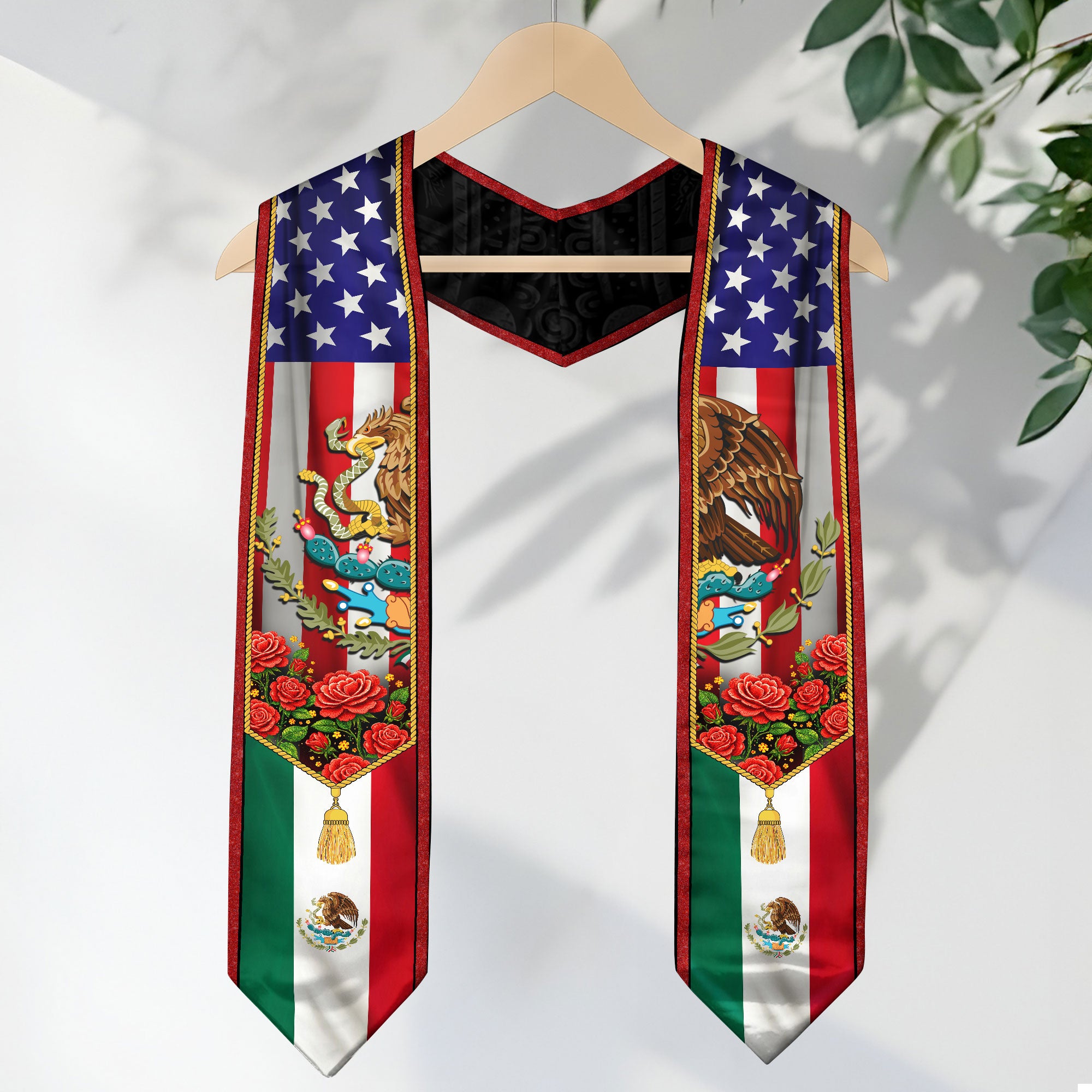 Mexico USA Flag Graduation Stole - Mexican American Heritage Eagle Red Rose Sash