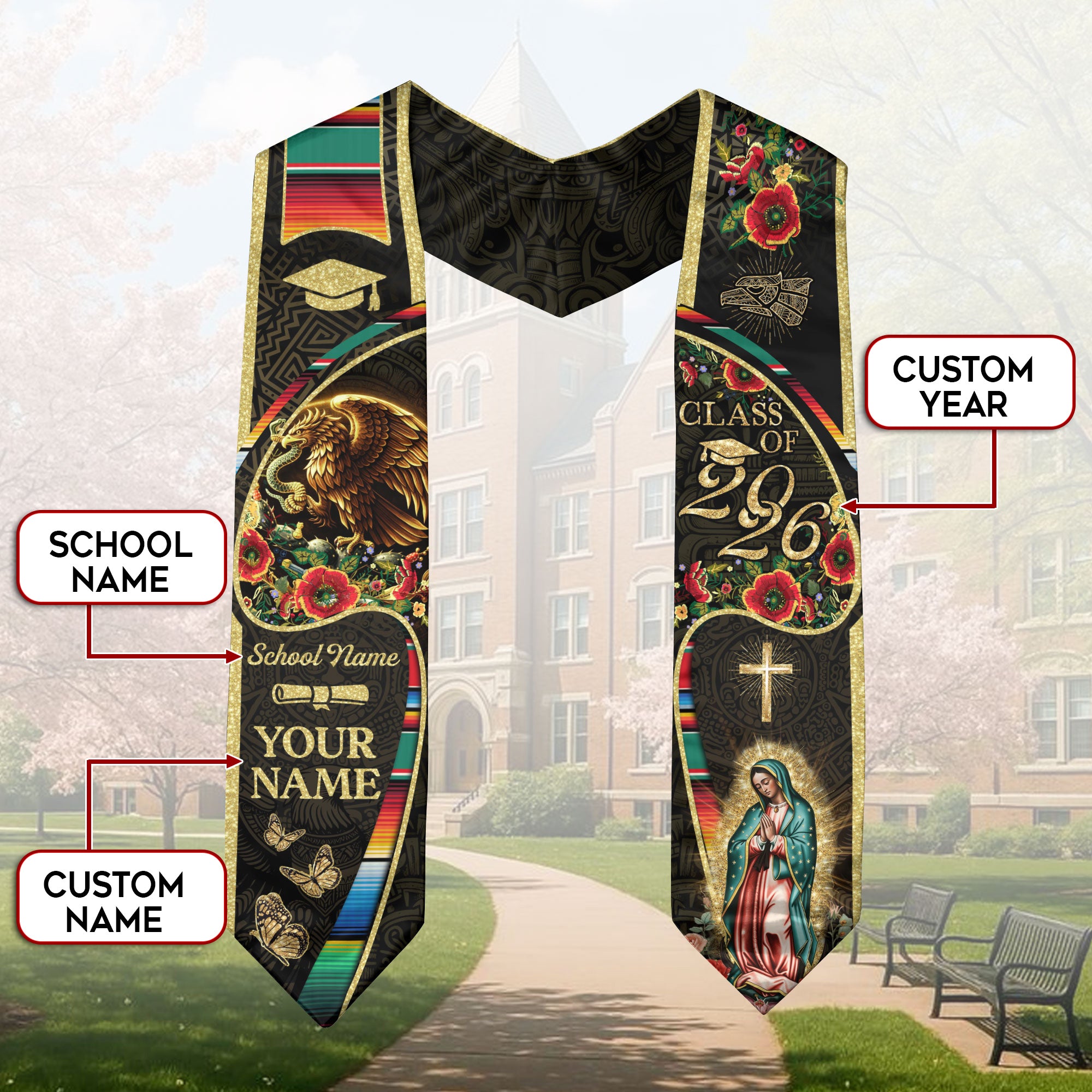 Personalized Mexican Heritage Graduation Stole 2026 Virgin Mary Serape Butterfly Gold Sash